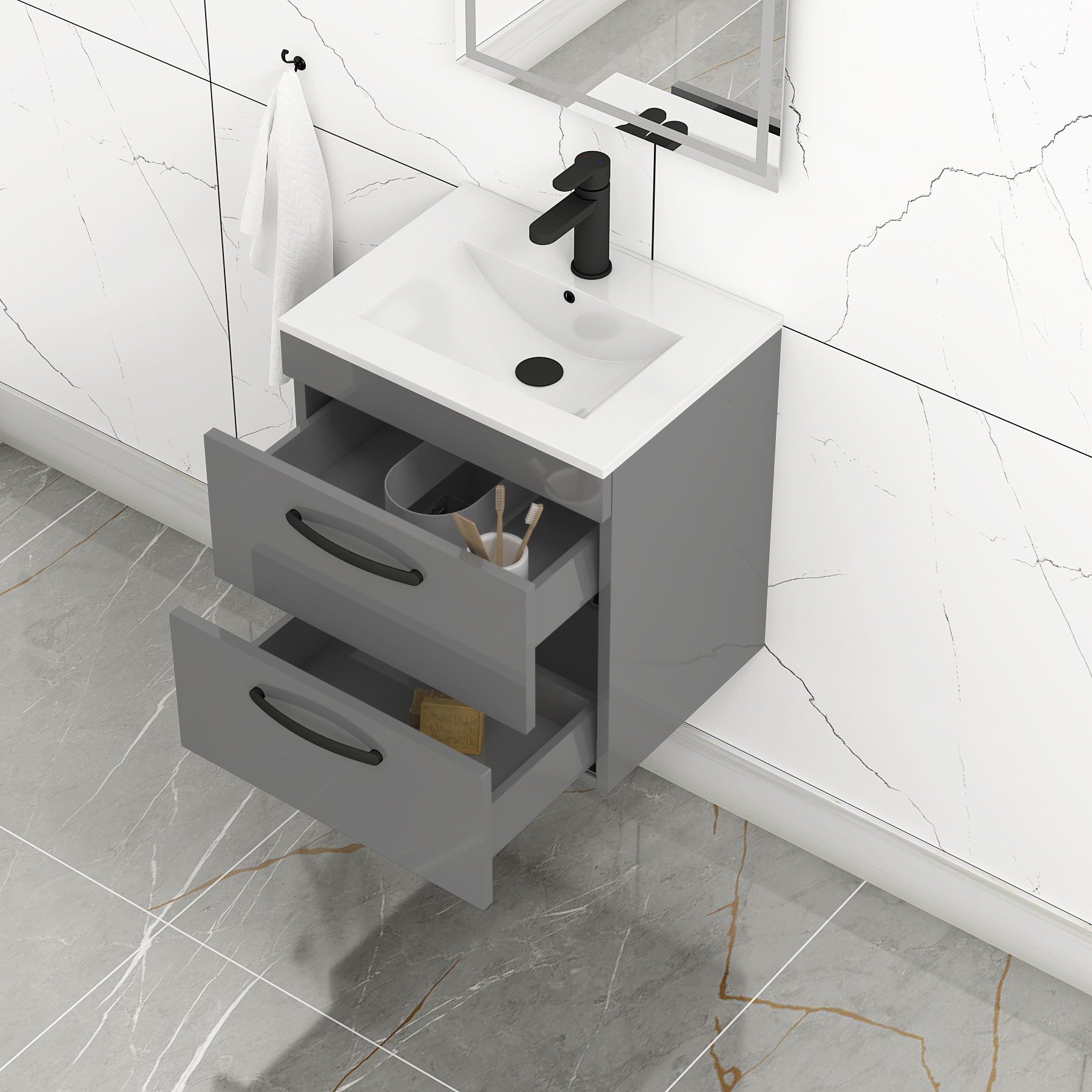 Turin 500mm Wall Hung Vanity Unit Indigo Grey Gloss 2 Drawer - Minimalist Sink Unit with Matt Black Handle