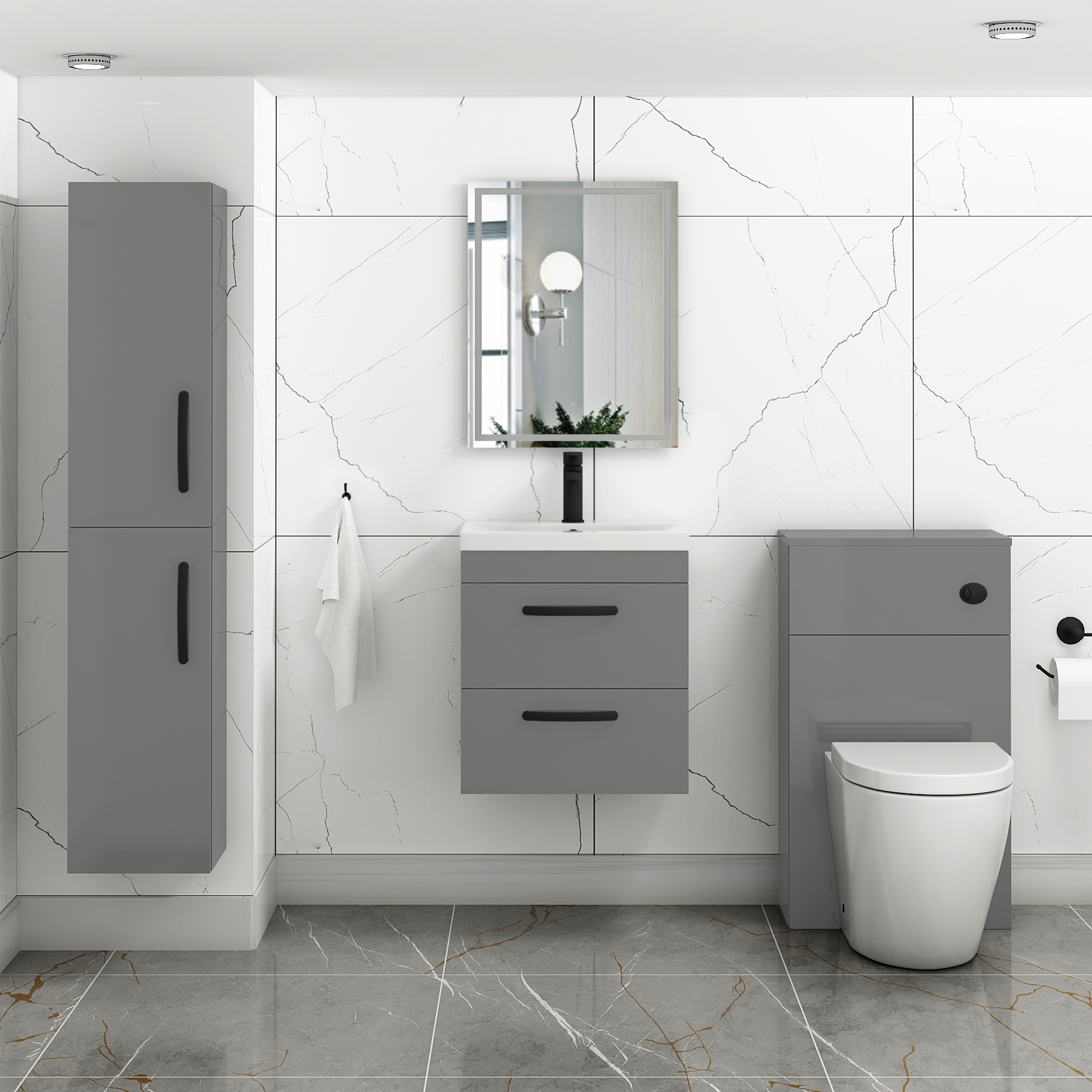 Turin 500mm Wall Hung Vanity Unit Indigo Grey Gloss 2 Drawer - Mid-Edge Sink Unit with Matt Black Handle