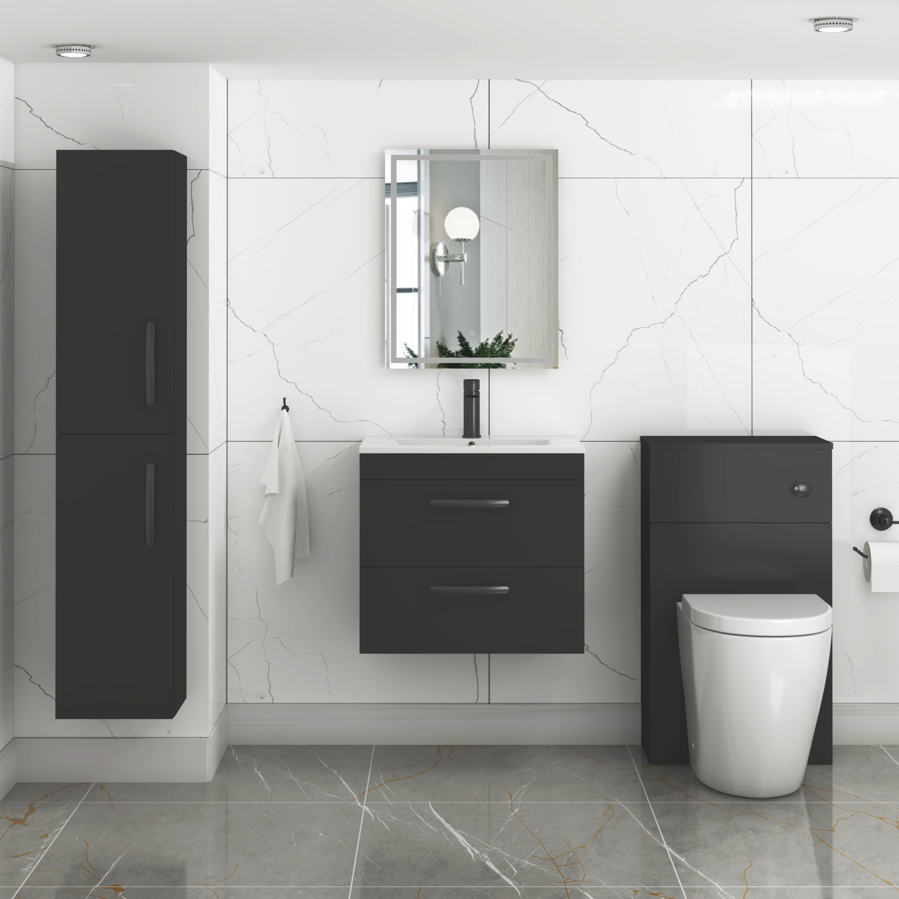 Turin Matt Black 2 Drawer Wall Hung Vanity Unit with Mid-Edge Basin - Multiple Sizes