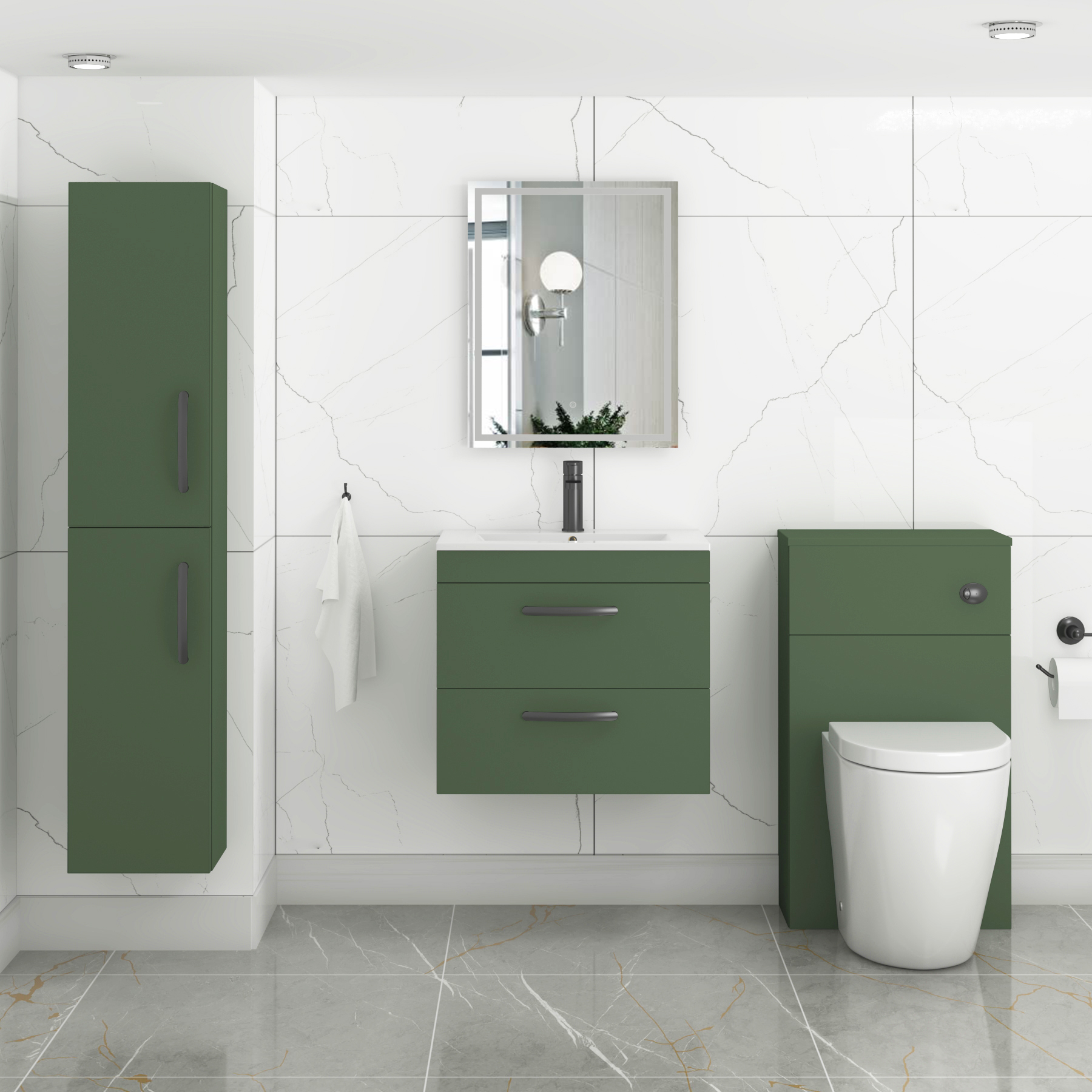 Turin Matt Green 2 Drawer Wall Hung Vanity Unit with Mid-Edge Basin - Multiple Sizes