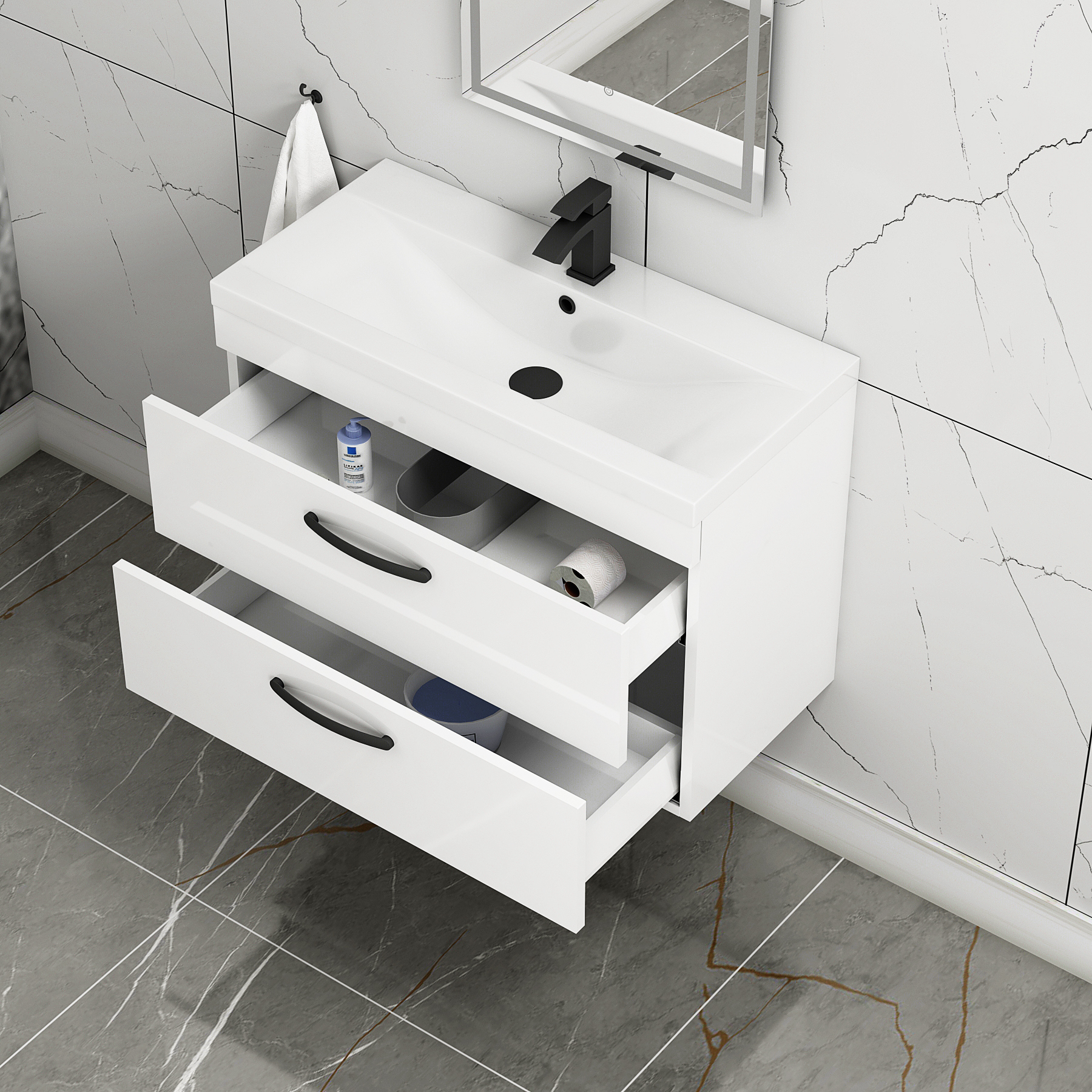 Turin 800mm Wall Hung Vanity Unit Gloss White 2 Drawer - Mid-Edge Sink Unit with Matt Black Handle