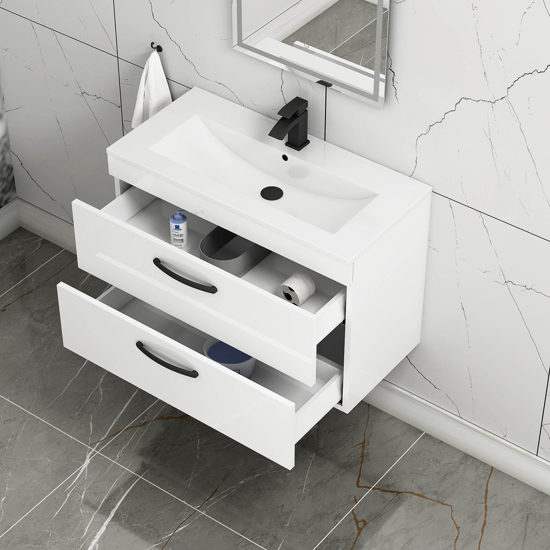 Turin 800mm Gloss White Wall Hung Vanity Unit 2 Drawer - Minimalist Sink Unit with Matt Black Handle