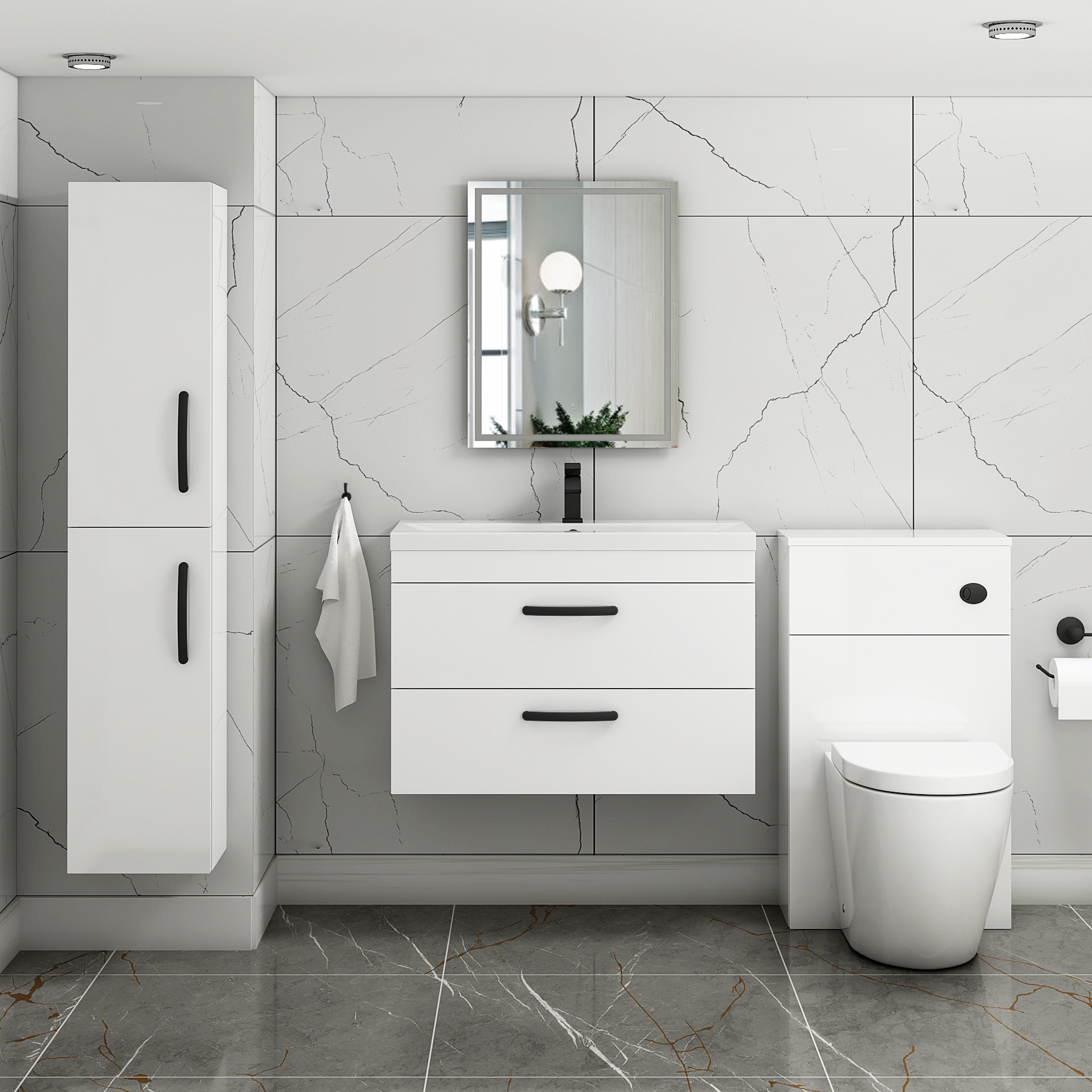 Turin 800mm Wall Hung Vanity Unit Gloss White 2 Drawer - Mid-Edge Sink Unit with Matt Black Handle