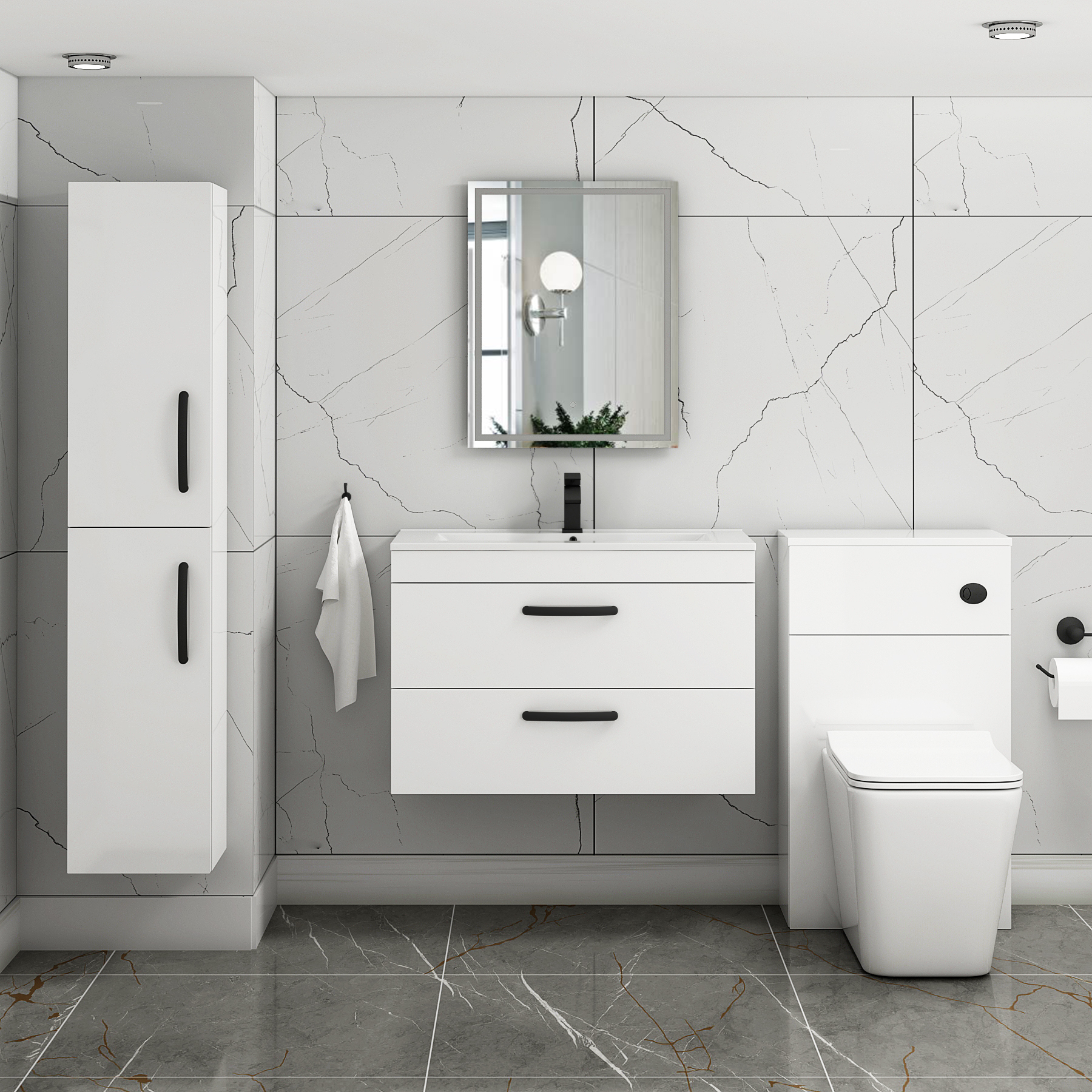 Turin 800mm Gloss White Wall Hung Vanity Unit 2 Drawer - Minimalist Sink Unit with Matt Black Handle