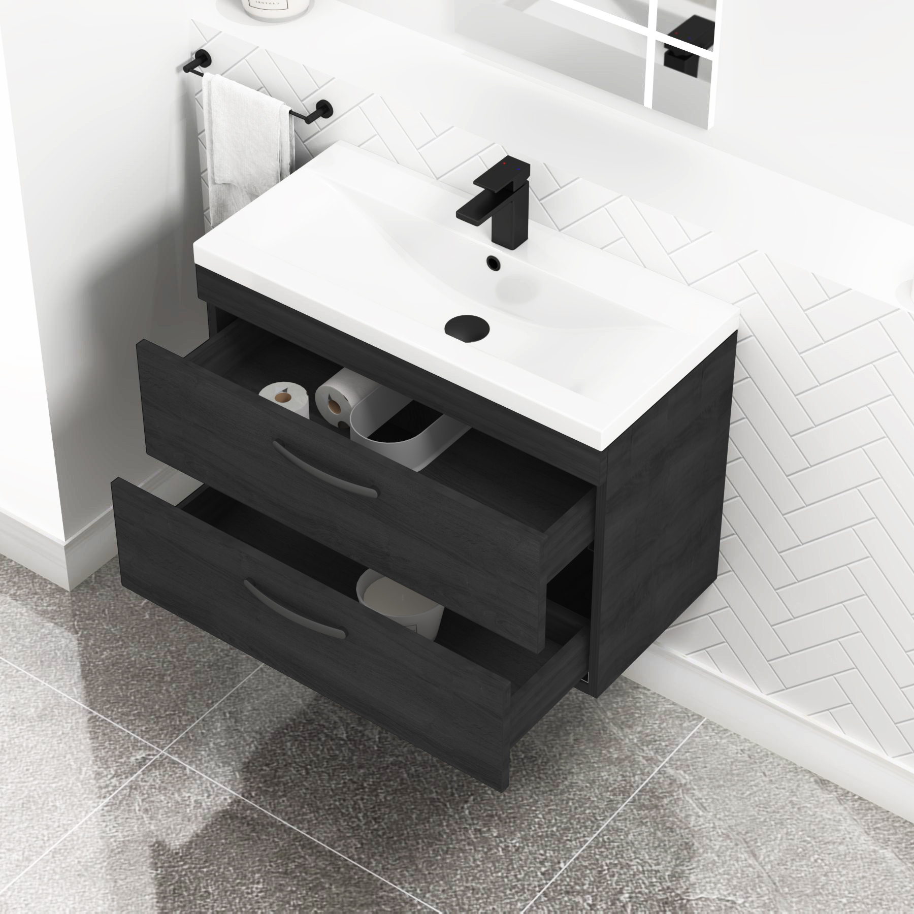 Turin 800mm Wall Hung Vanity Unit Hale Black 2 Drawer - Mid-Edge Sink Unit with Matt Black Handle