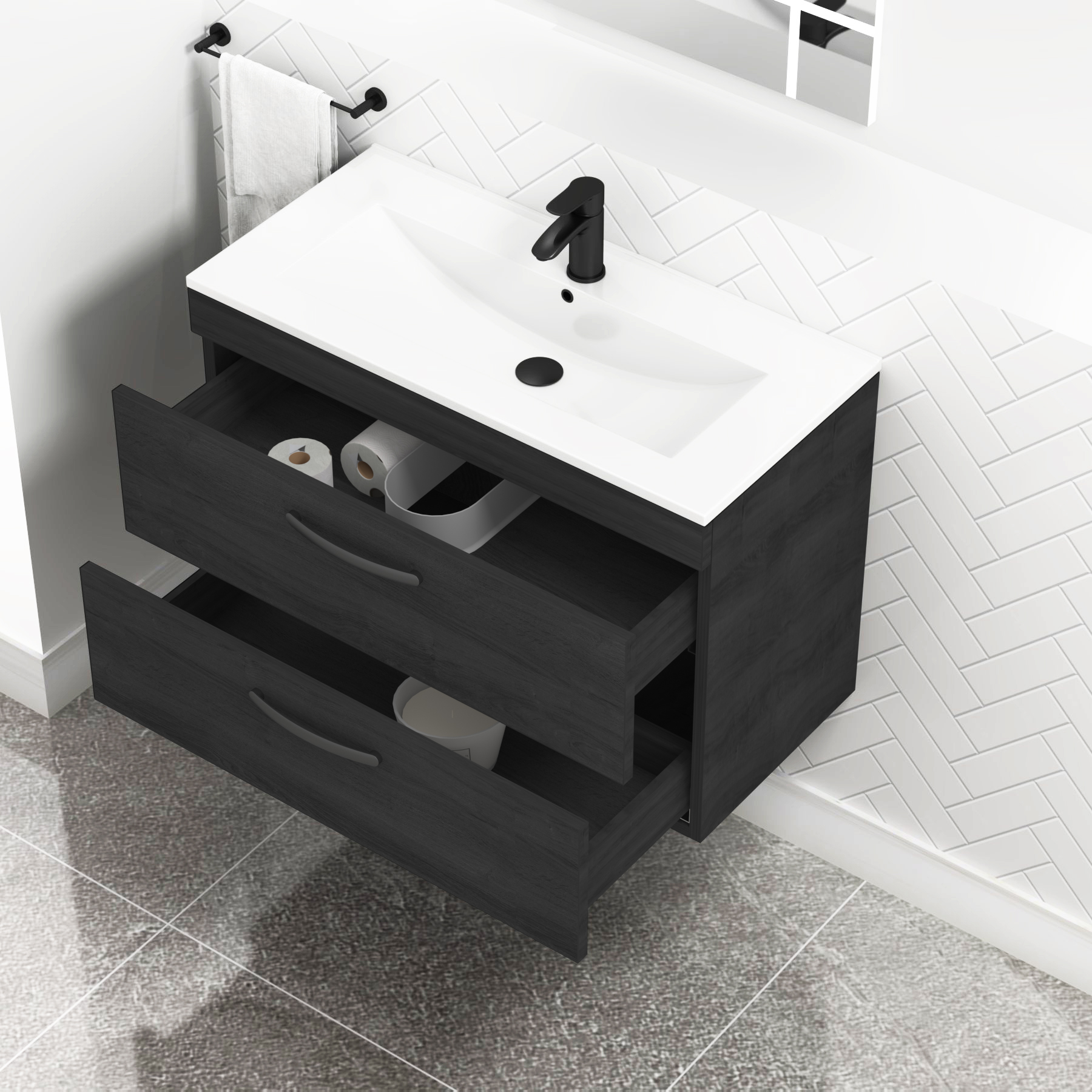 Turin 800mm Wall Hung Vanity Unit Hale Black 2 Drawer - Minimalist Sink Unit with Matt Black Handle