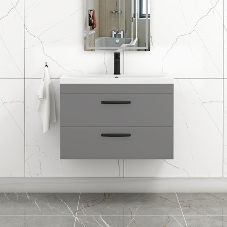 Turin 800mm Wall Hung Vanity Unit Indigo Grey Gloss 2 Drawer - Mid-Edge Sink Unit with Matt Black Handle