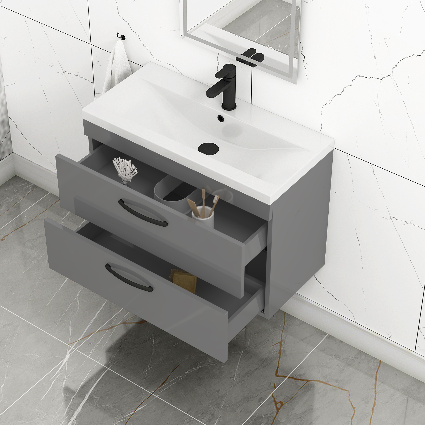Turin 800mm Wall Hung Vanity Unit Indigo Grey Gloss 2 Drawer - Mid-Edge Sink Unit with Matt Black Handle