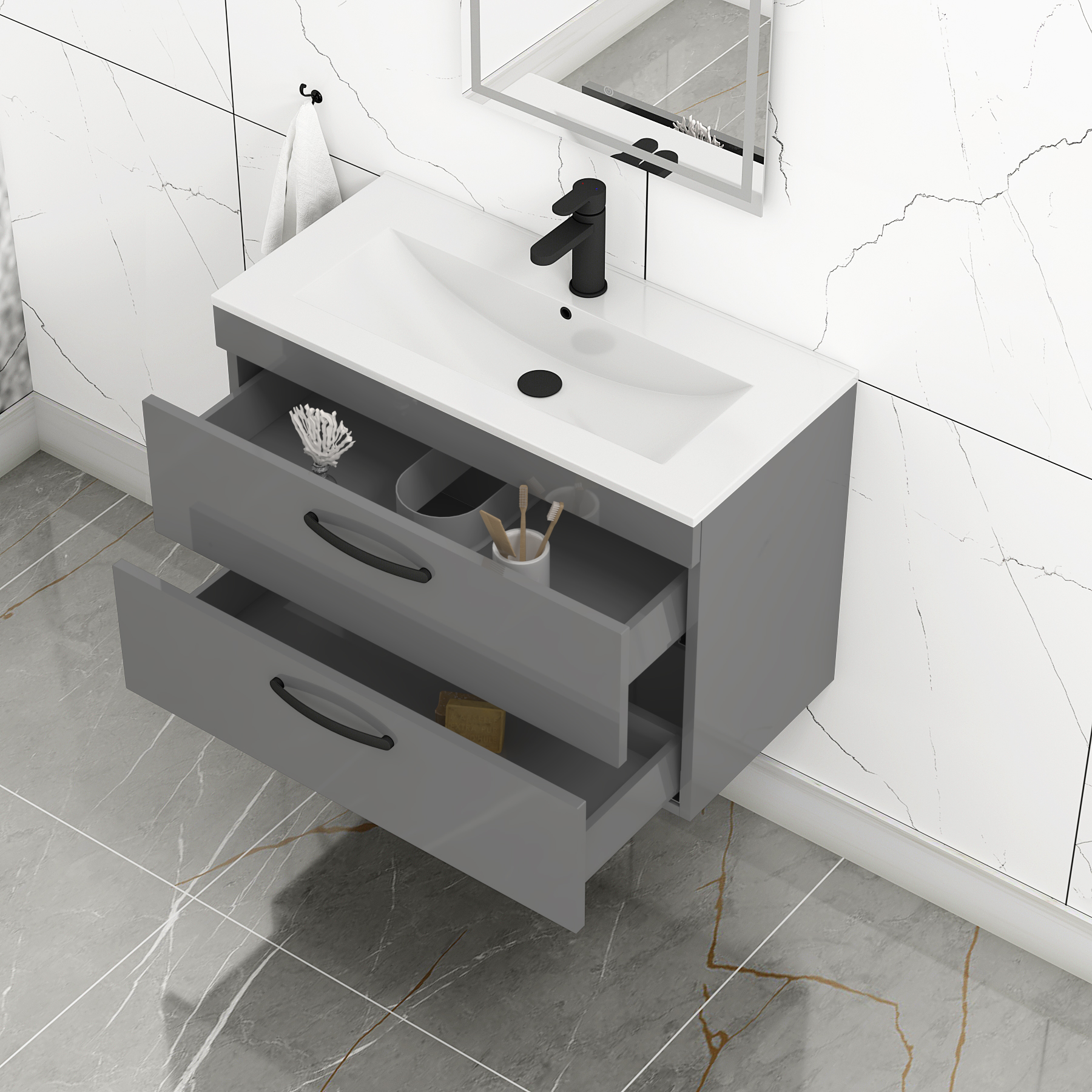 Turin 800mm Wall Hung Vanity Unit Indigo Grey Gloss 2 Drawer - Minimalist Sink Unit with Matt Black Handle