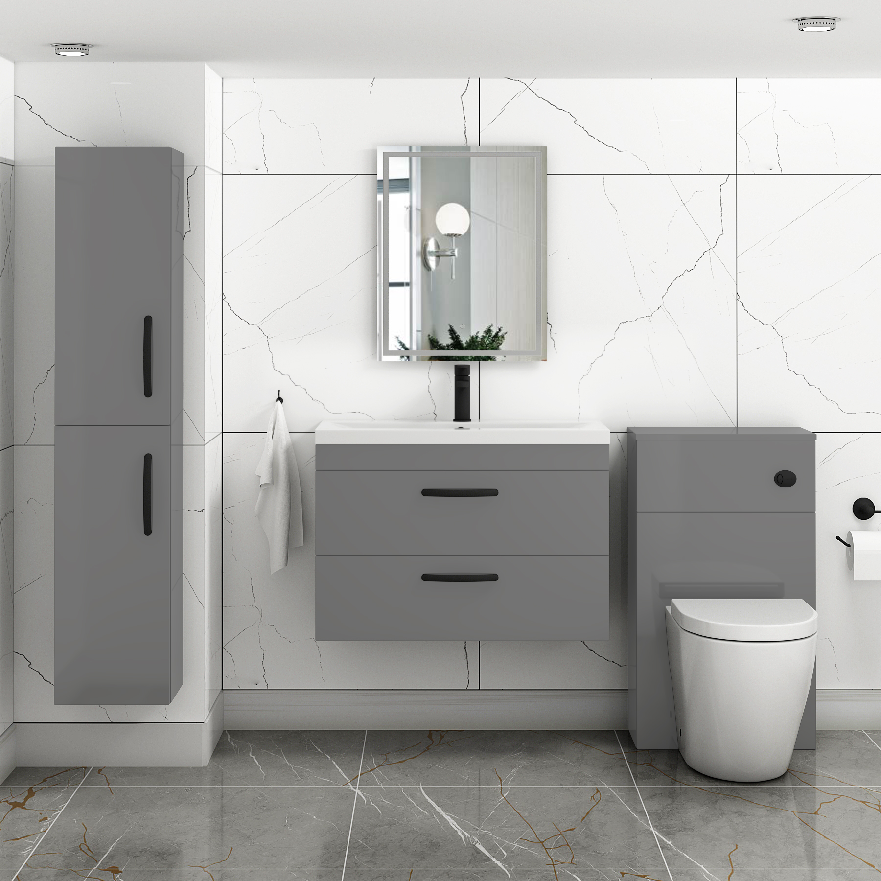 Turin 800mm Wall Hung Vanity Unit Indigo Grey Gloss 2 Drawer - Mid-Edge Sink Unit with Matt Black Handle