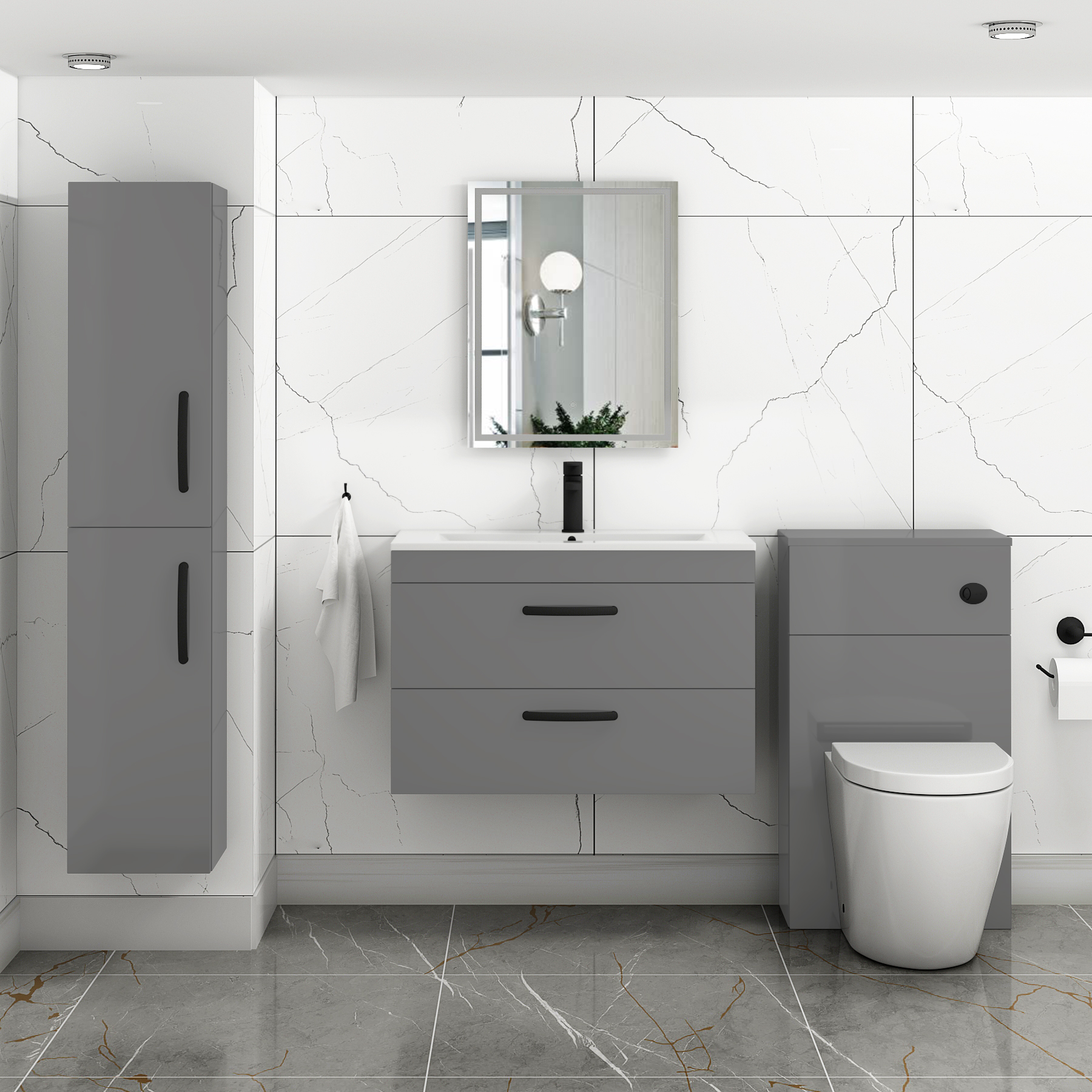 Turin 800mm Wall Hung Vanity Unit Indigo Grey Gloss 2 Drawer - Minimalist Sink Unit with Matt Black Handle