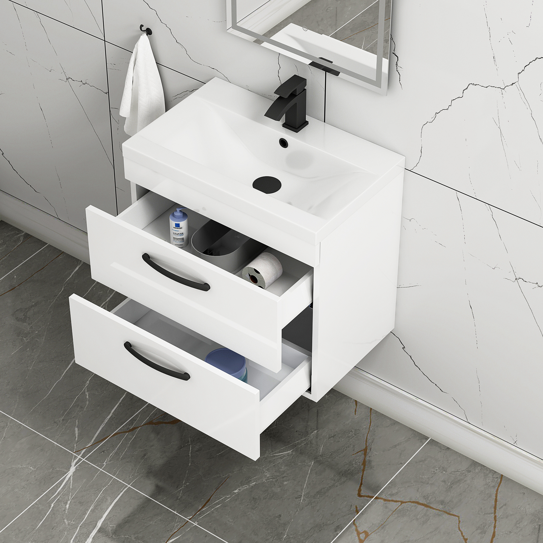 Turin 600mm Wall Hung Vanity Unit Gloss White 2 Drawer - Mid-Edge Sink Unit with Matt Black Handle
