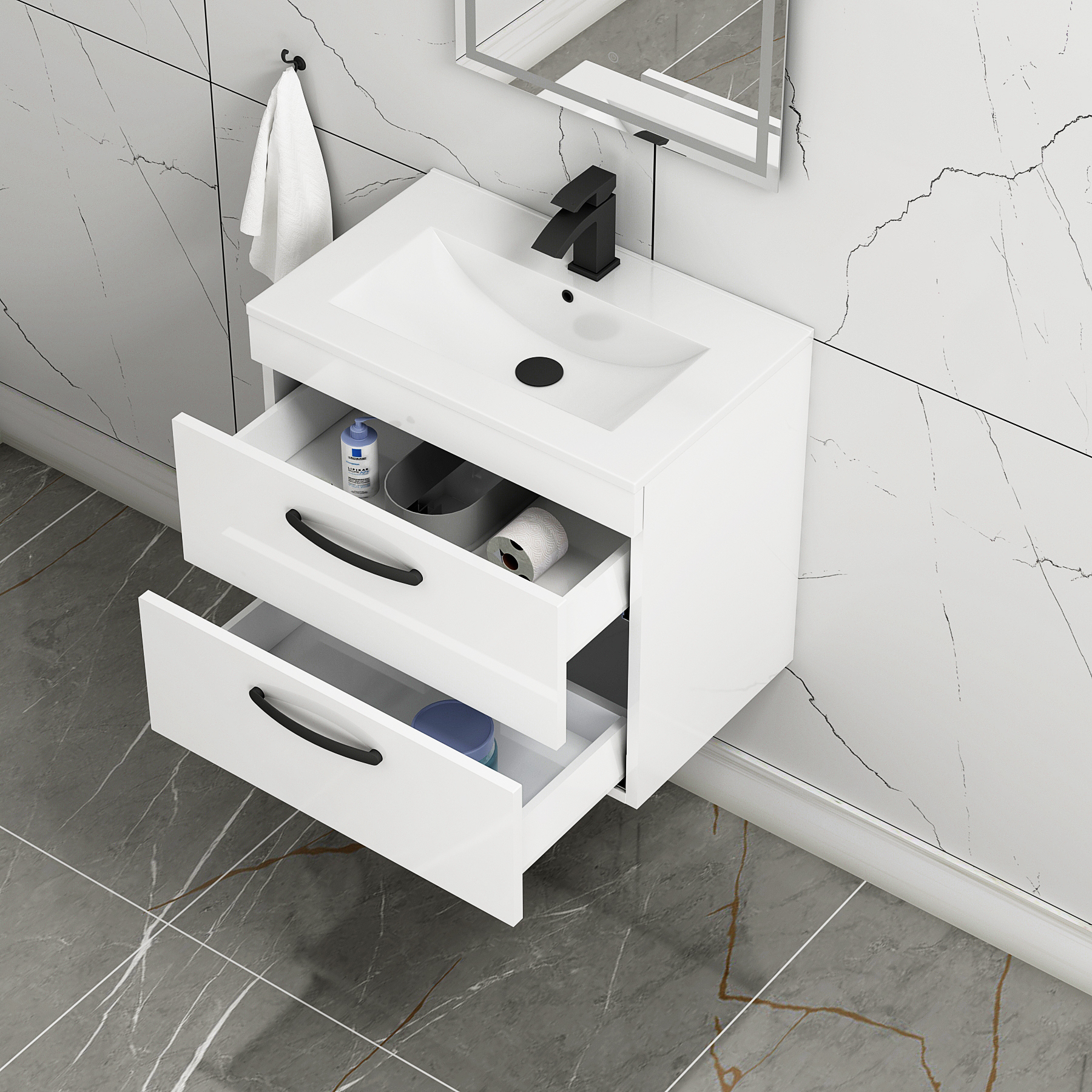 Turin 600mm Wall Hung Vanity Unit Gloss White 2 Drawer - Minimalist Sink Unit with Matt Black Handle