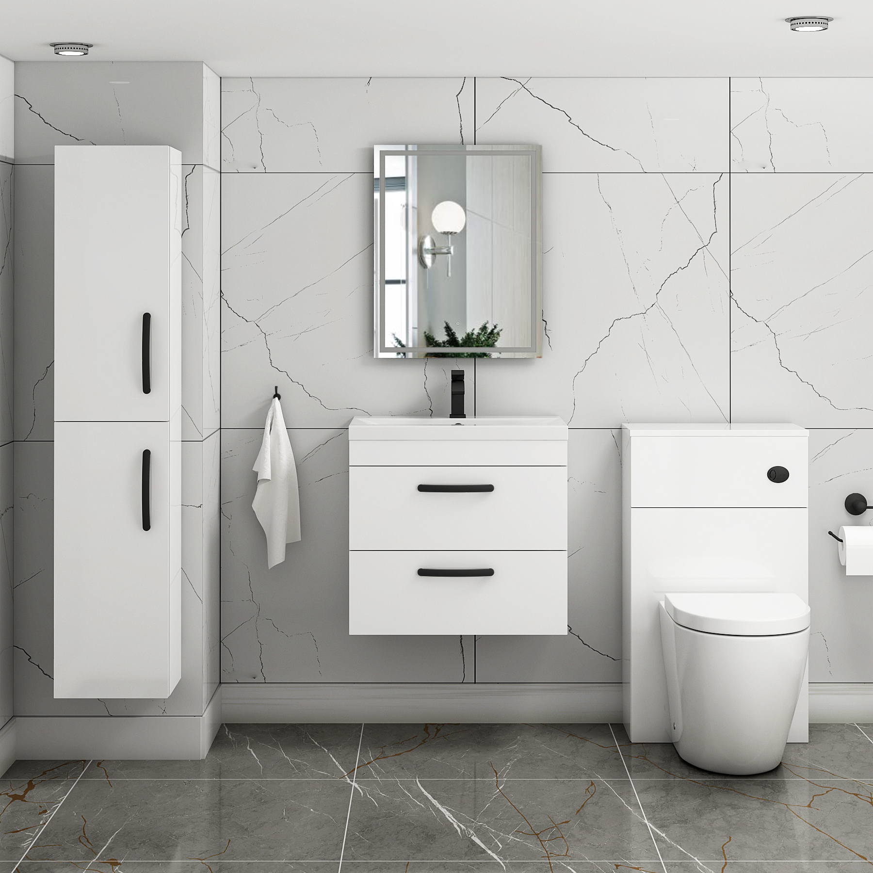 Turin 600mm Wall Hung Vanity Unit Gloss White 2 Drawer - Mid-Edge Sink Unit with Matt Black Handle