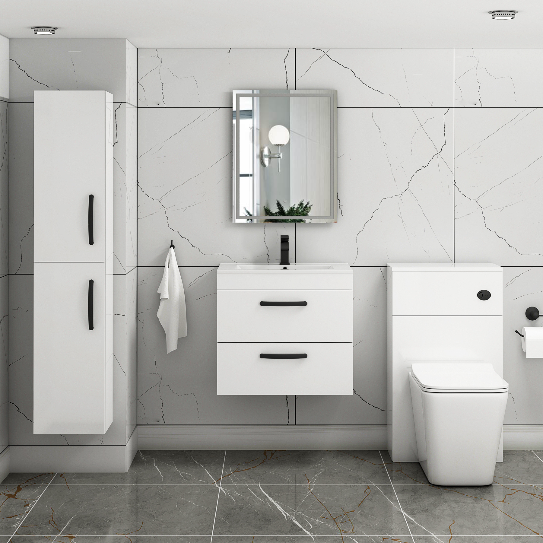 Turin 600mm Wall Hung Vanity Unit Gloss White 2 Drawer - Minimalist Sink Unit with Matt Black Handle