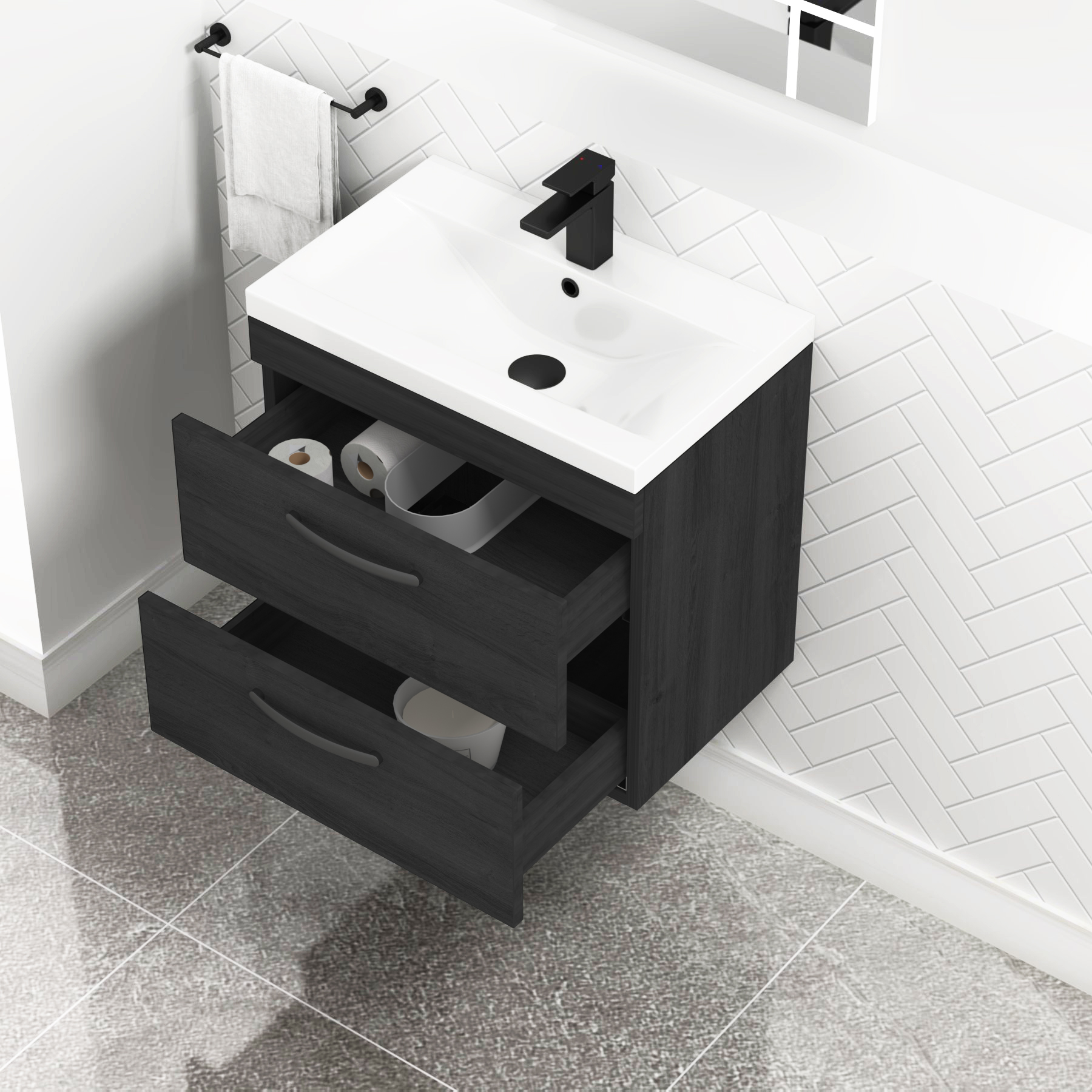 Turin 600mm Wall Hung Vanity Unit Hale Black 2 Drawer - Mid-Edge Sink Unit with Matt Black Handle