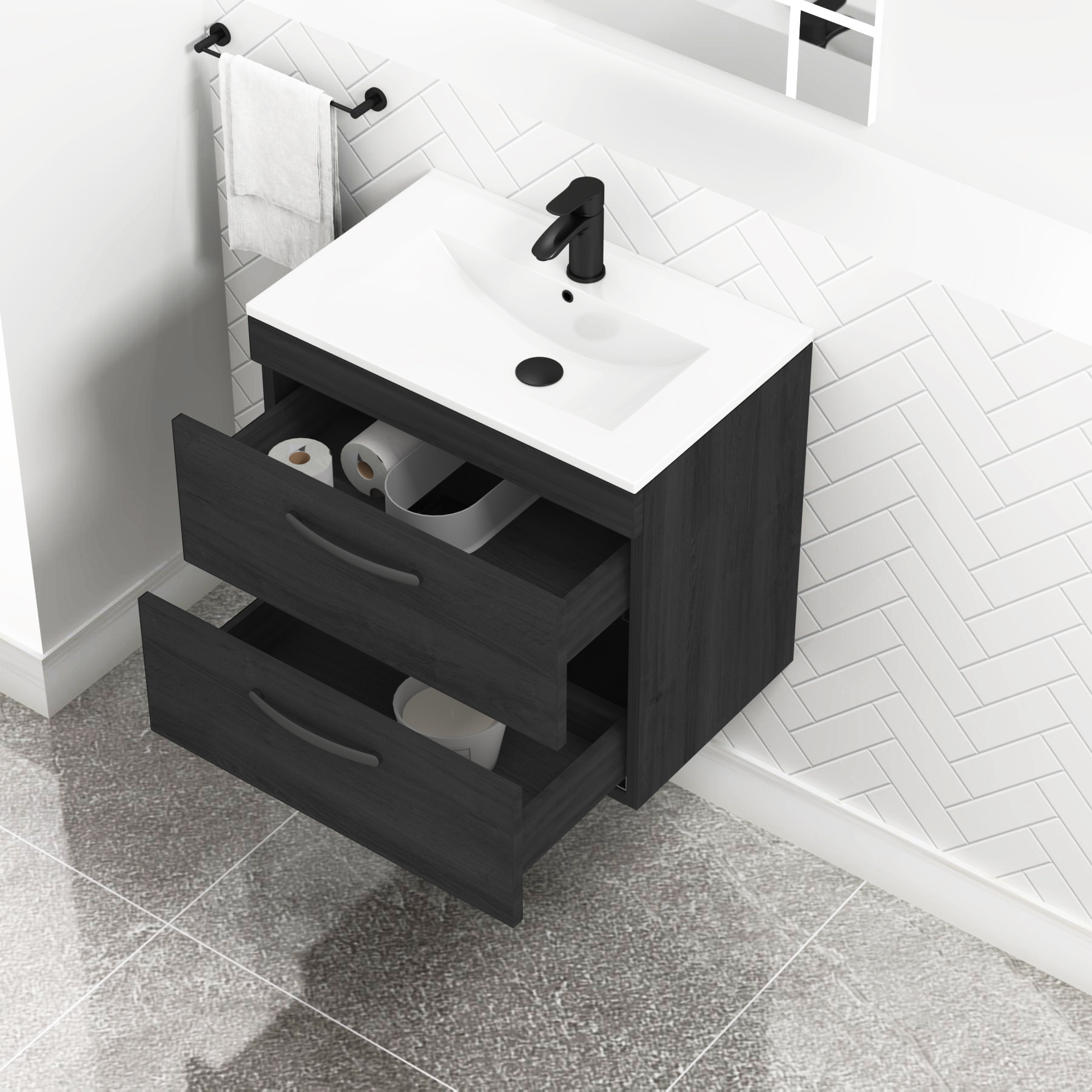 Turin 600mm Wall Hung Vanity Unit Hale Black 2 Drawer - Minimalist Sink Unit with Matt Black Handle