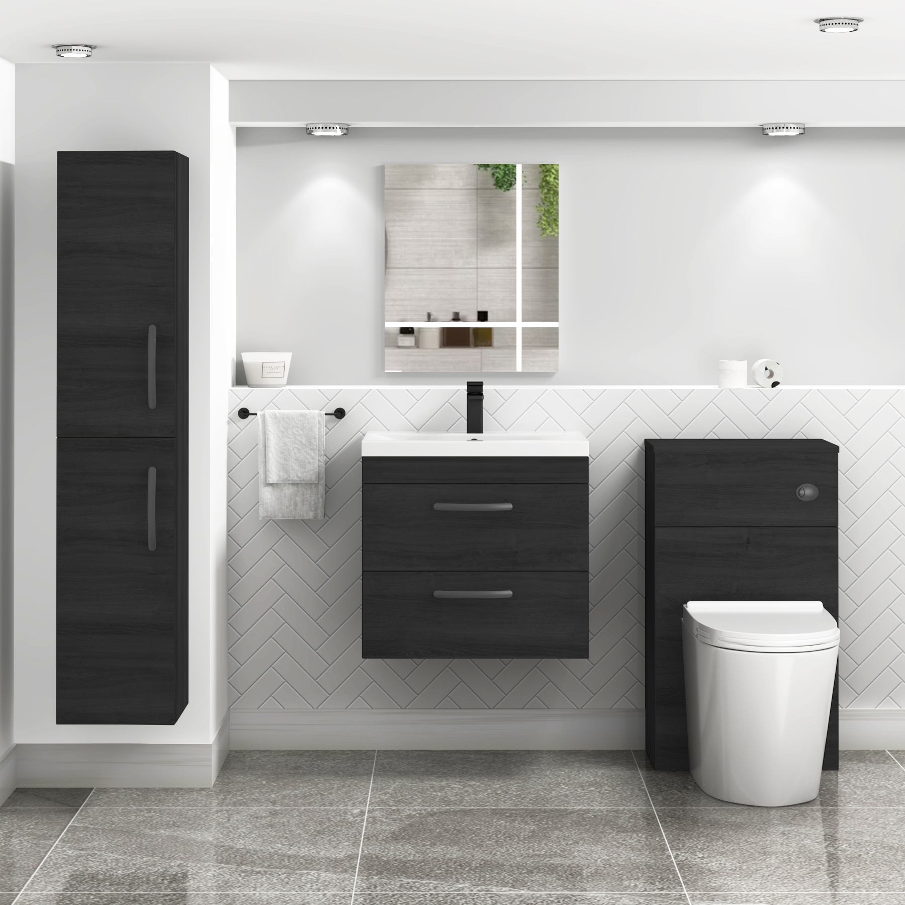 Turin 600mm Wall Hung Vanity Unit Hale Black 2 Drawer - Mid-Edge Sink Unit with Matt Black Handle