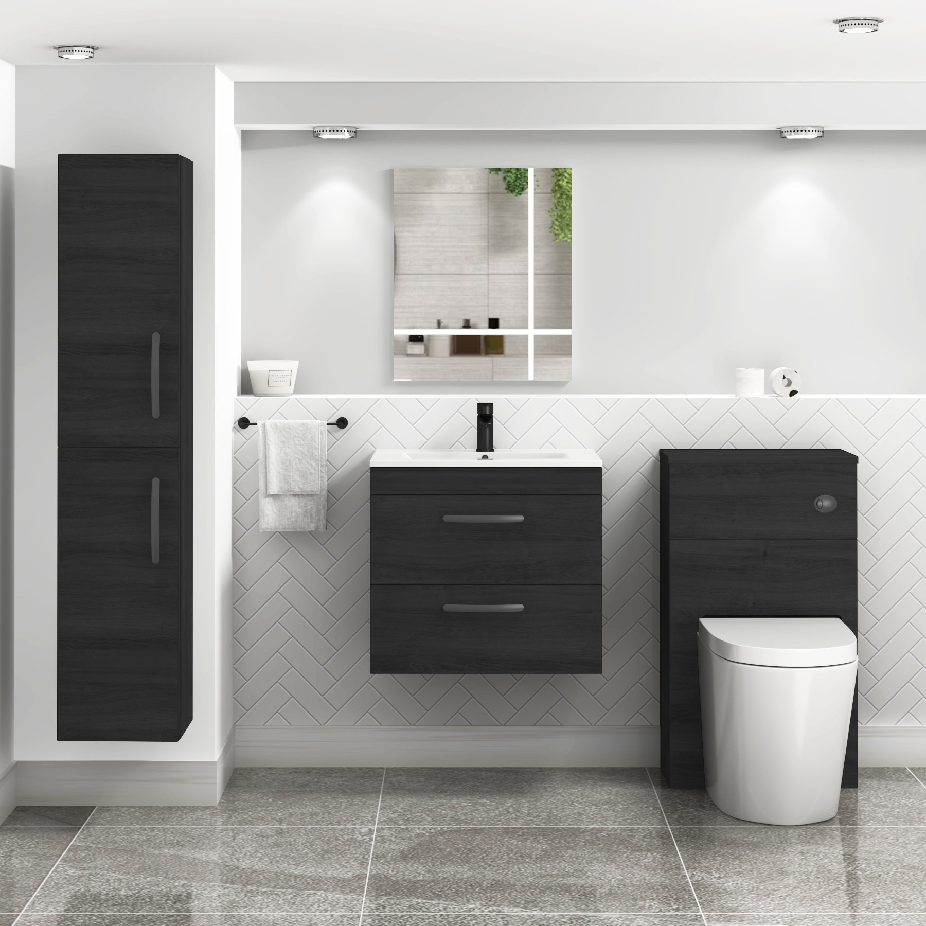 Turin 600mm Wall Hung Vanity Unit Hale Black 2 Drawer - Minimalist Sink Unit with Matt Black Handle