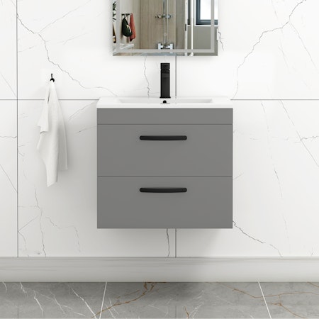 600mm Modern Wall Hung Vanity Basin Unit Indigo Grey Gloss 2 Drawer - Minimalist Sink Unit with Black Handle