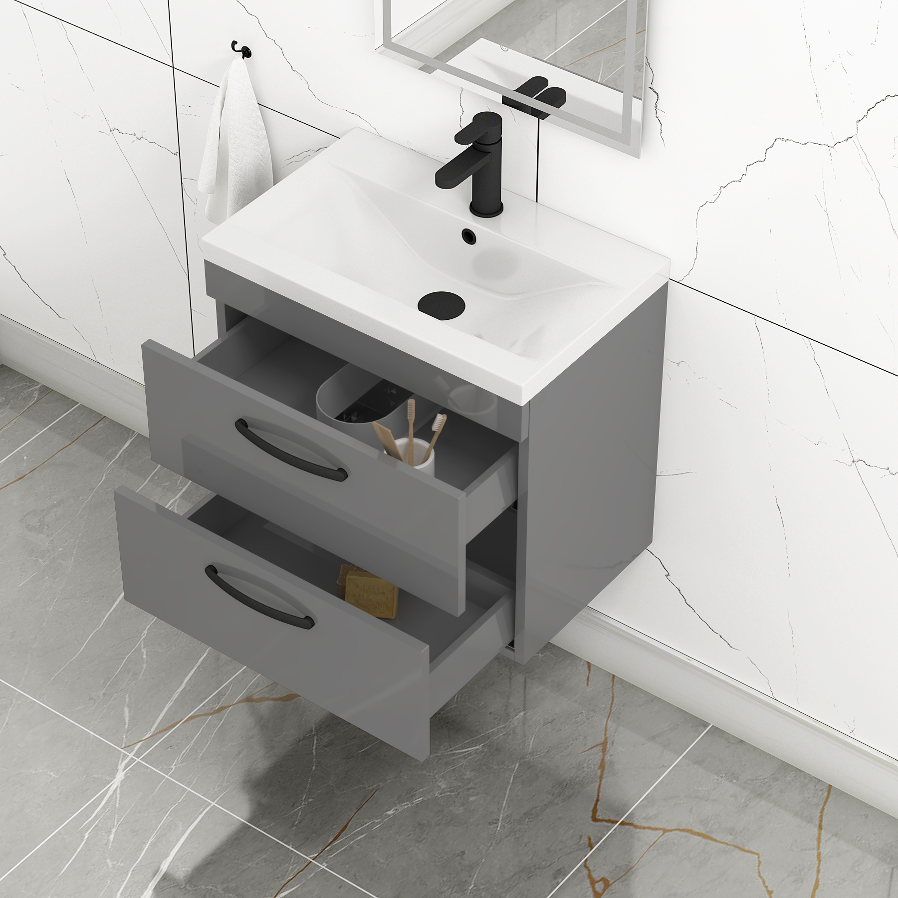 Turin 600mm Wall Hung Vanity Unit Indigo Grey Gloss 2 Drawer - Mid-Edge Sink Unit with Matt Black Handle