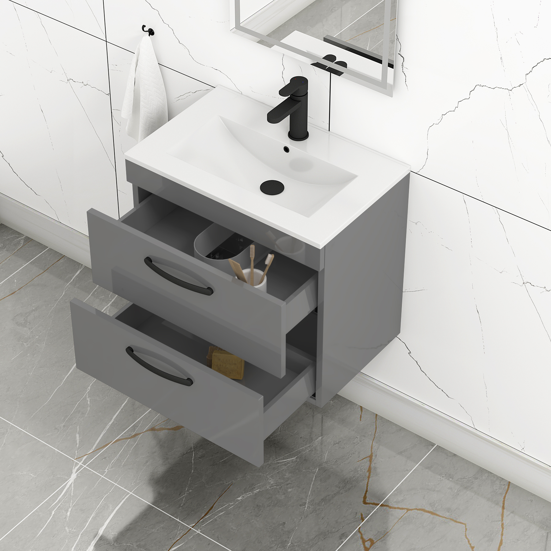 600mm Modern Wall Hung Vanity Basin Unit Indigo Grey Gloss 2 Drawer - Minimalist Sink Unit with Black Handle