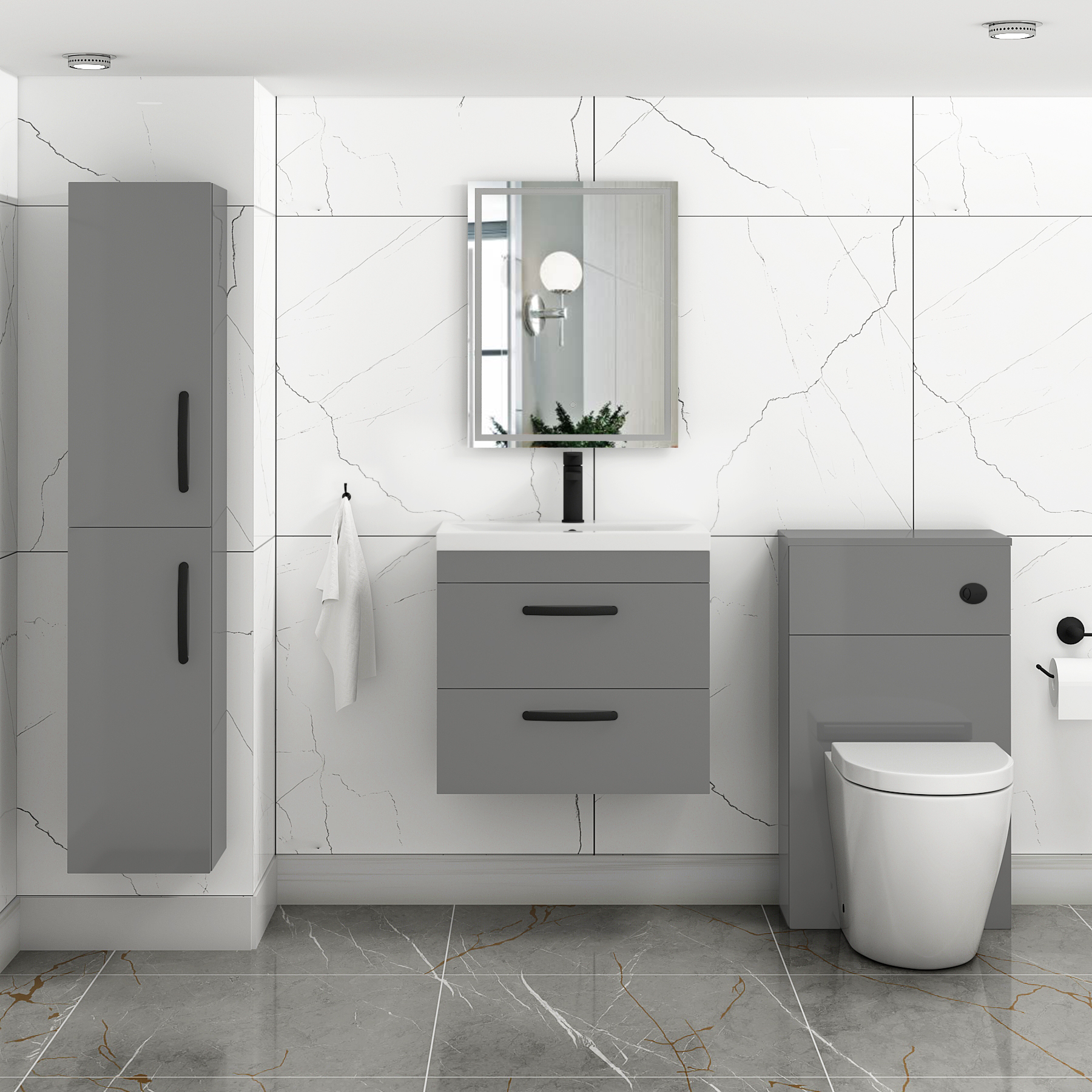 Turin 600mm Wall Hung Vanity Unit Indigo Grey Gloss 2 Drawer - Mid-Edge Sink Unit with Matt Black Handle