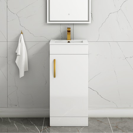 Turin 400mm Floor Standing Vanity Unit Gloss White - 1 Door Basin Unit with Brushed Brass Handle