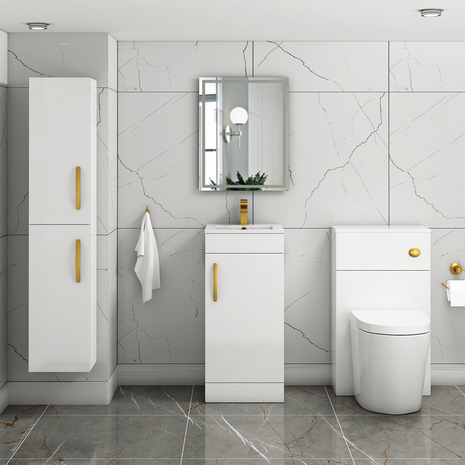 Turin 400mm Floor Standing Vanity Unit Gloss White - 1 Door Basin Unit with Brushed Brass Handle