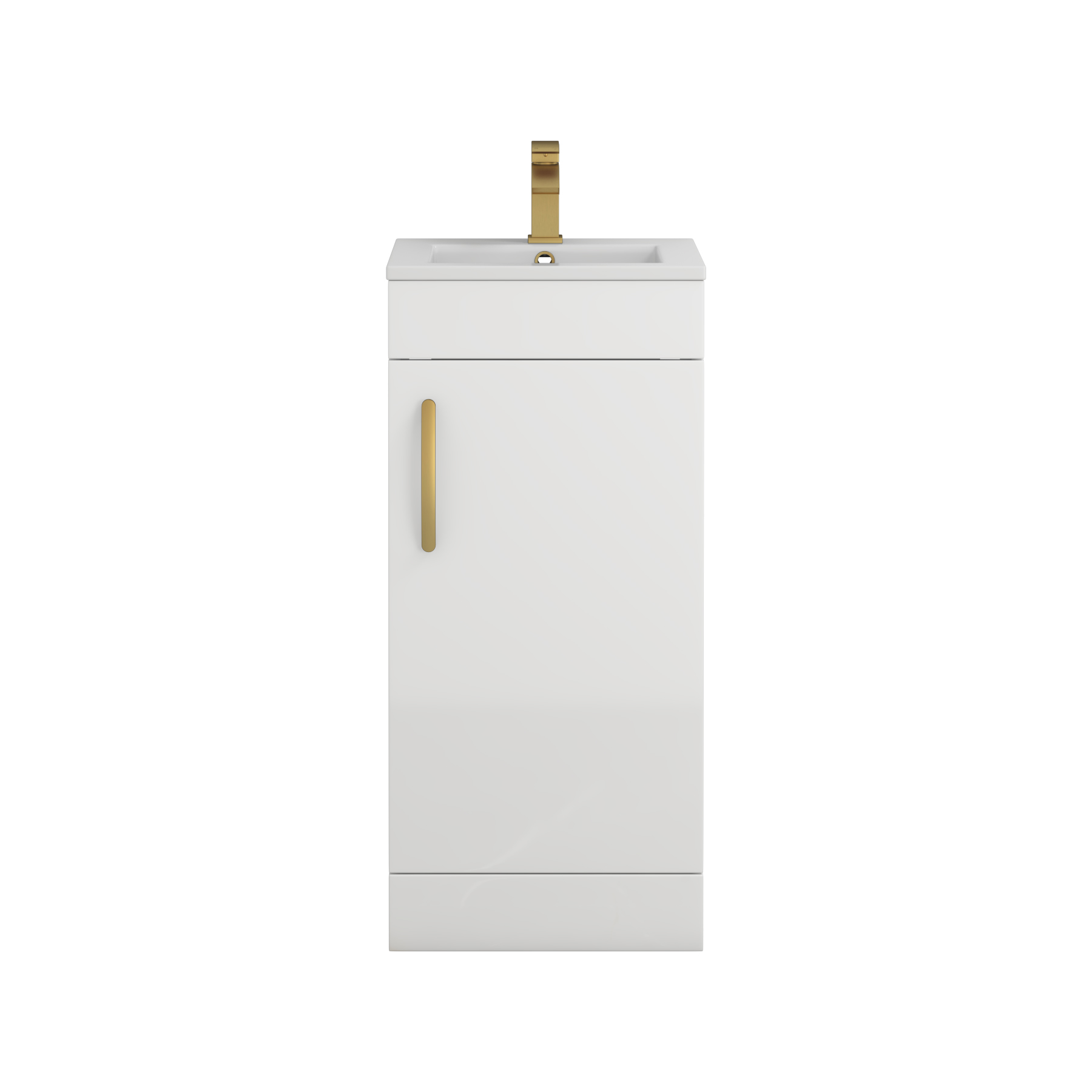 Turin 400mm Floor Standing Vanity Unit Gloss White - 1 Door Basin Unit with Brushed Brass Handle