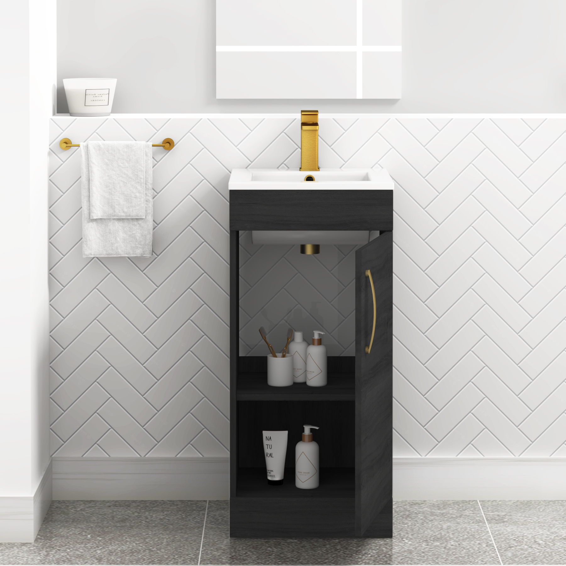 Turin 400mm Cloakroom Floor Standing Vanity Unit & Basin 1 Door Hale Black with Brushed Brass Handle