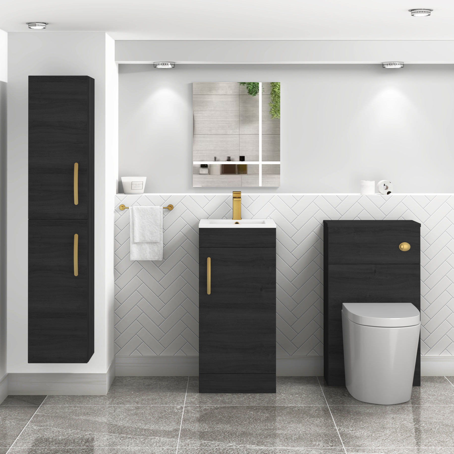 Turin 400mm Cloakroom Floor Standing Vanity Unit & Basin 1 Door Hale Black with Brushed Brass Handle