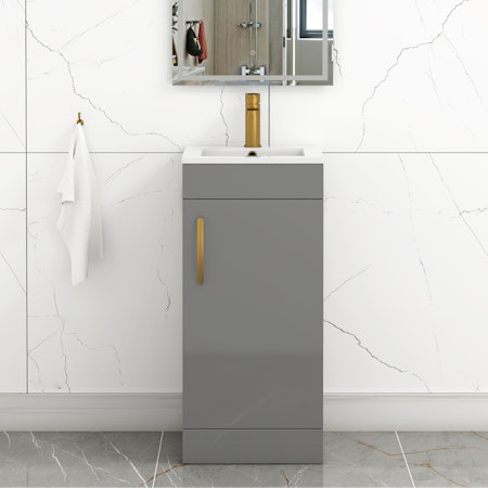 Turin 400mm Floor Standing Vanity Unit Indigo Grey Gloss - 1 Door Basin Unit with Brushed Brass Handle