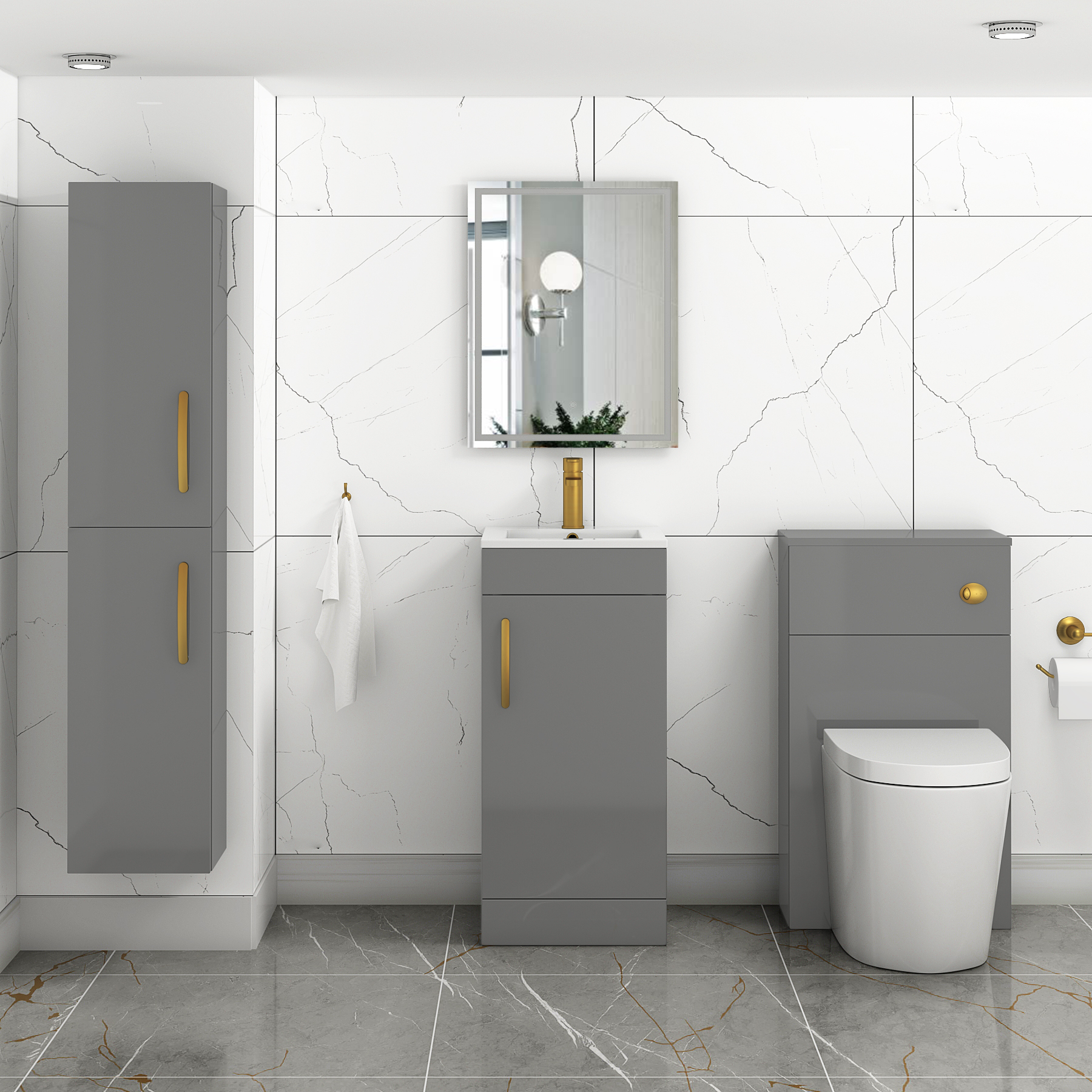 Turin 400mm Floor Standing Vanity Unit Indigo Grey Gloss - 1 Door Basin Unit with Brushed Brass Handle