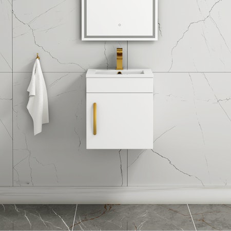 Turin 400mm Cloakroom Wall Hung Vanity Sink Unit Gloss White - 1 Door with Brushed Brass Handle