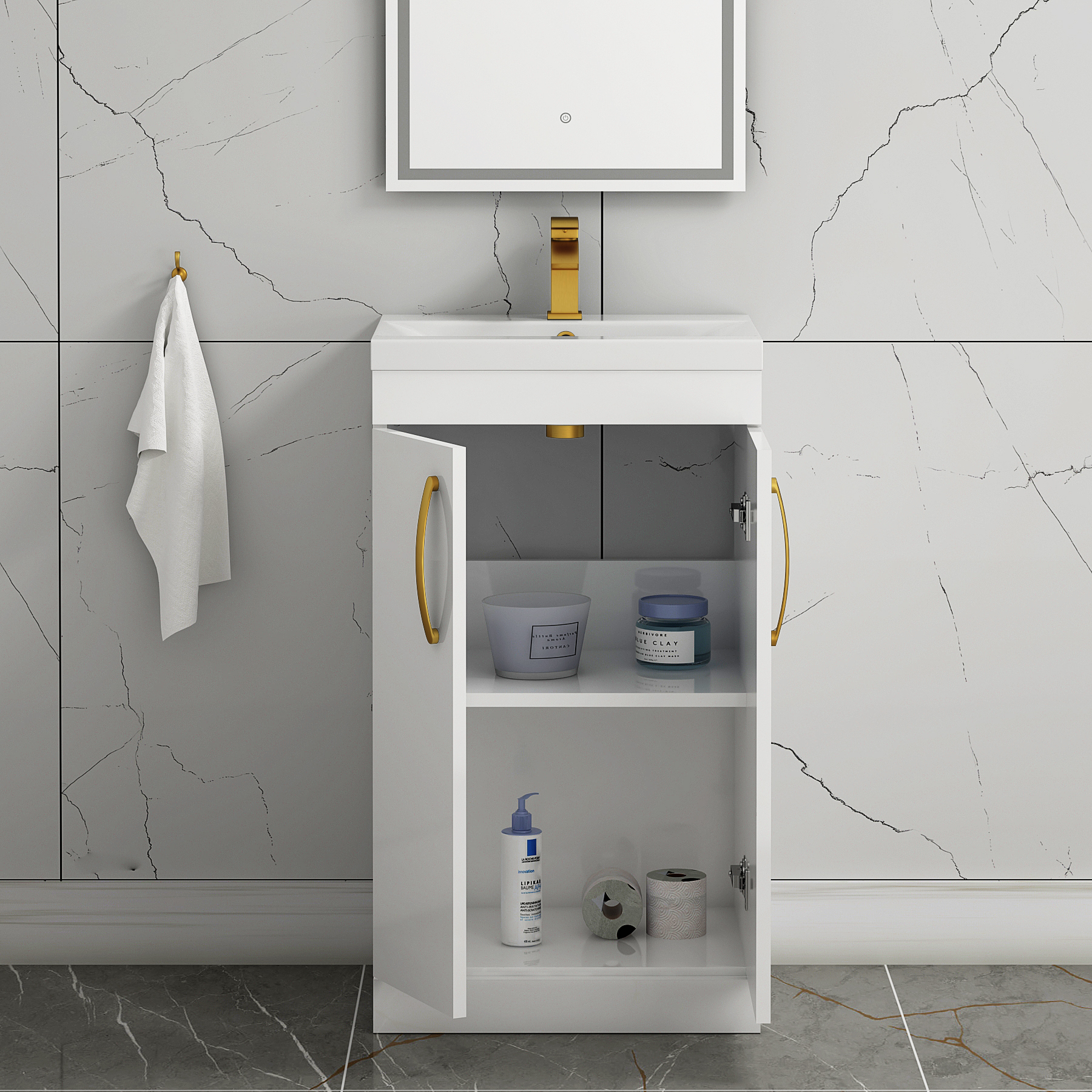 Turin 500mm Floor Standing Vanity Sink Unit Gloss White 2 Door - Mid-Edge with Brushed Brass Handle