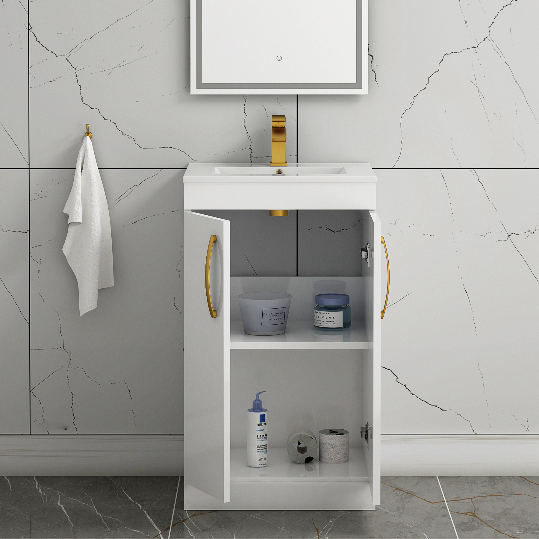 Turin 500mm Floor Standing Vanity Sink Unit Gloss White 2 Door - Minimalist with Brushed Brass Handle