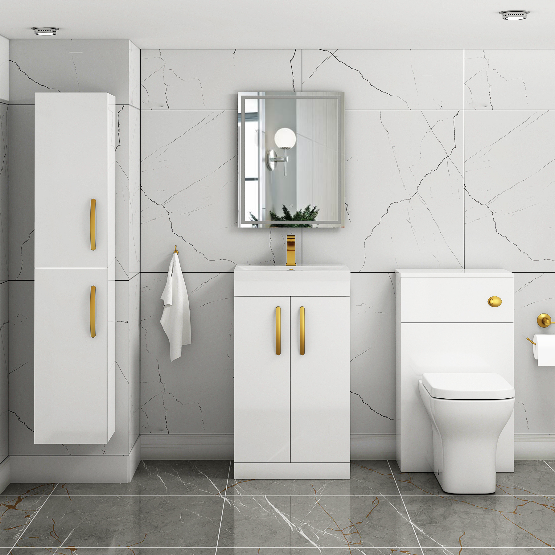 Turin 500mm Floor Standing Vanity Sink Unit Gloss White 2 Door - Mid-Edge with Brushed Brass Handle