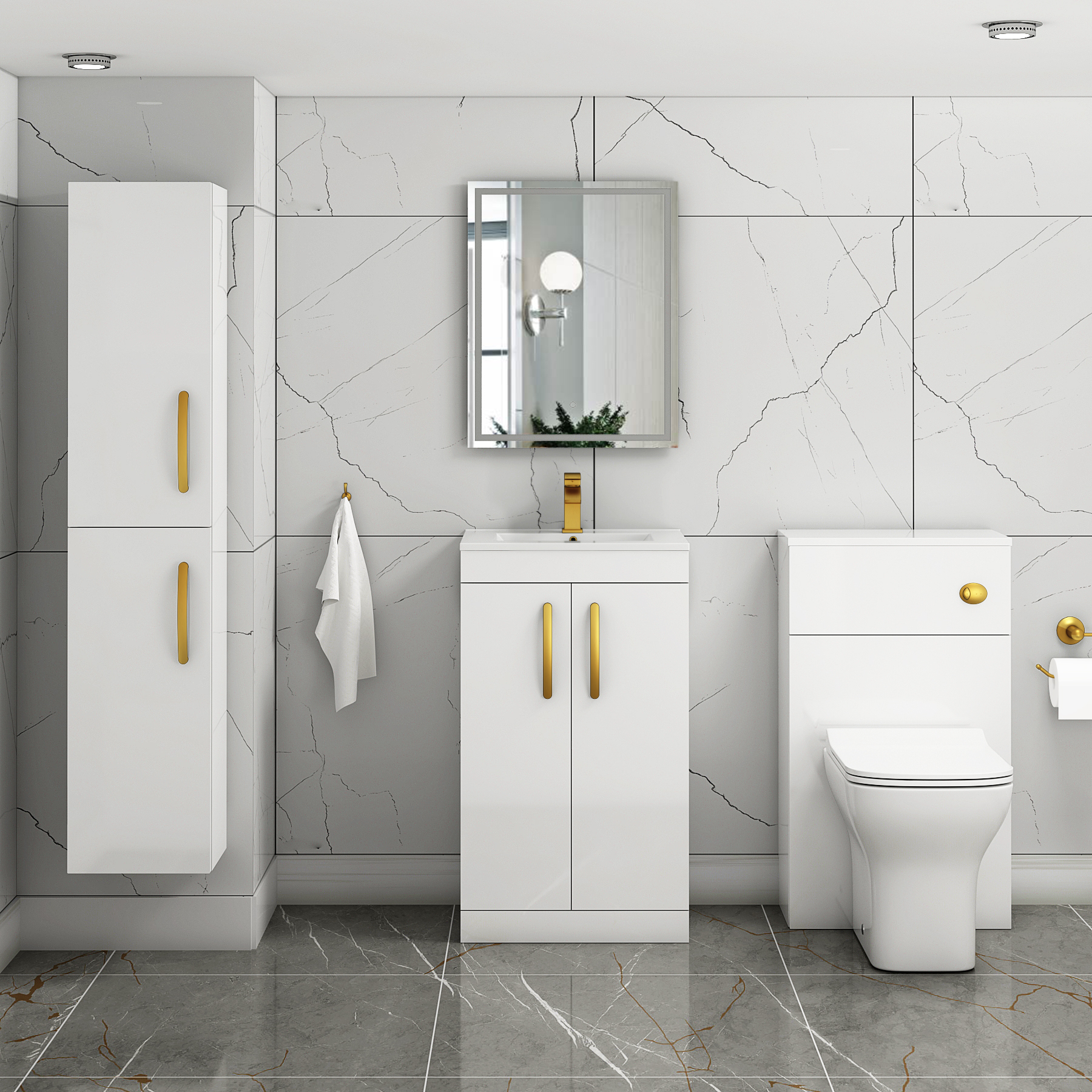 Turin 500mm Floor Standing Vanity Sink Unit Gloss White 2 Door - Minimalist with Brushed Brass Handle