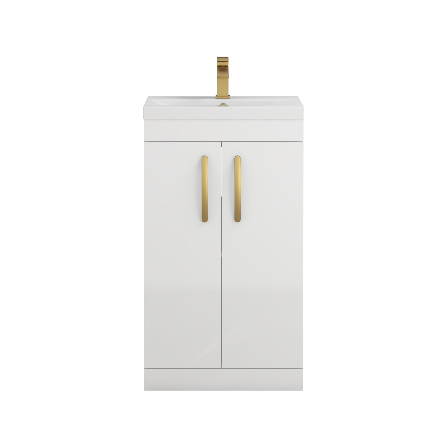 Turin 500mm Floor Standing Vanity Sink Unit Gloss White 2 Door - Mid-Edge with Brushed Brass Handle