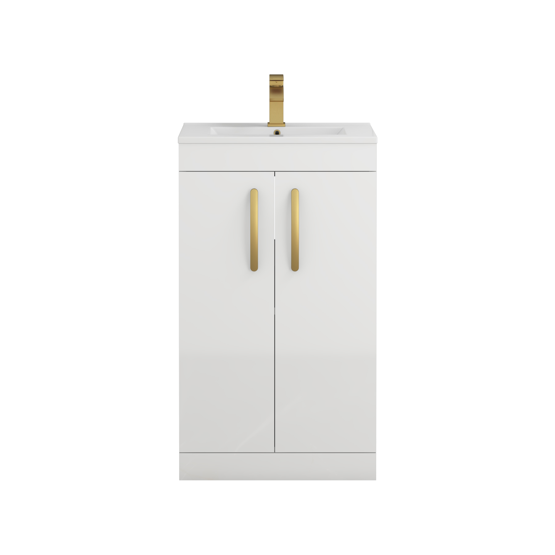 Turin 500mm Floor Standing Vanity Sink Unit Gloss White 2 Door - Minimalist with Brushed Brass Handle