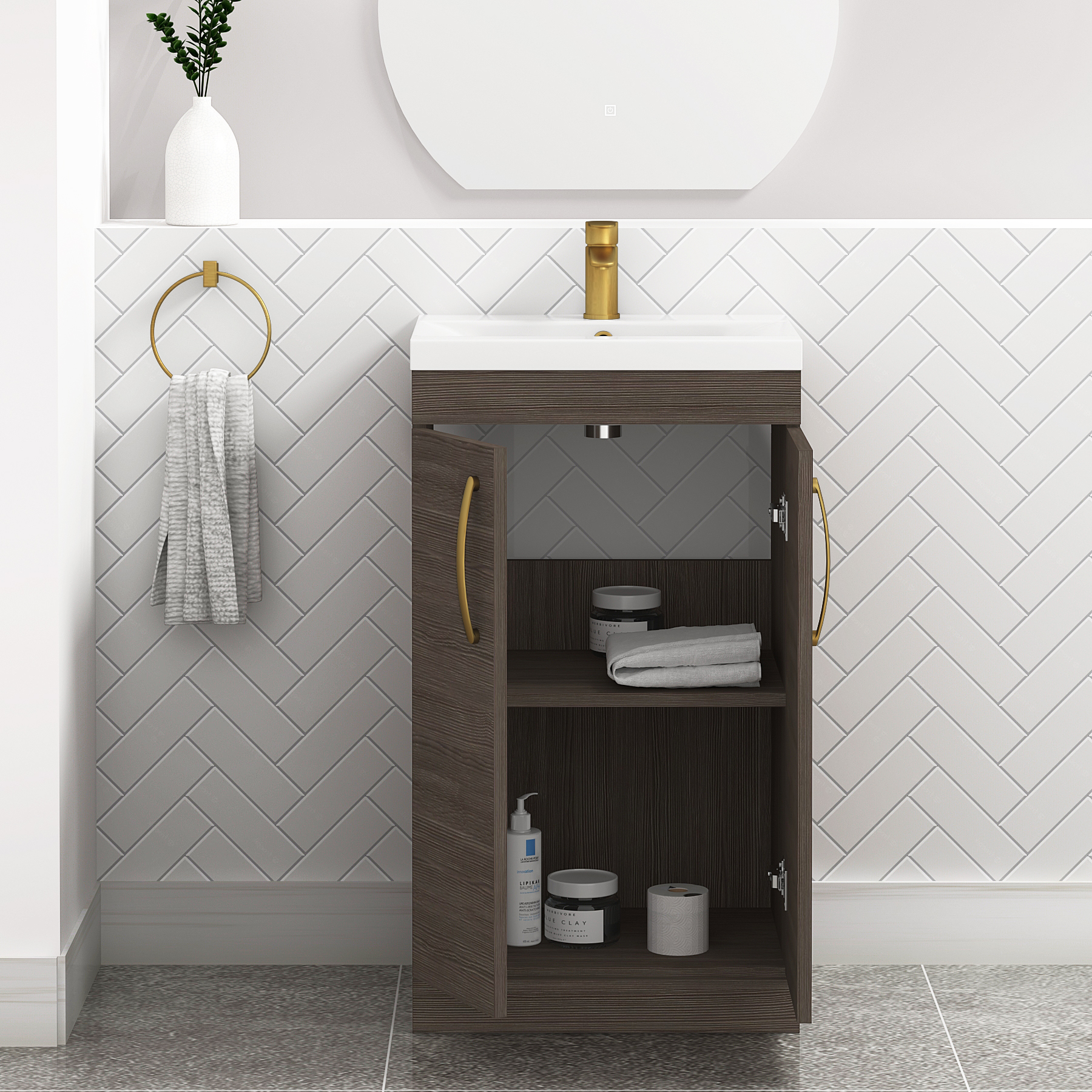 Turin 500mm Floor Standing Vanity Sink Unit Grey Elm 2 Door - Mid-Edge with Brushed Brass Handle