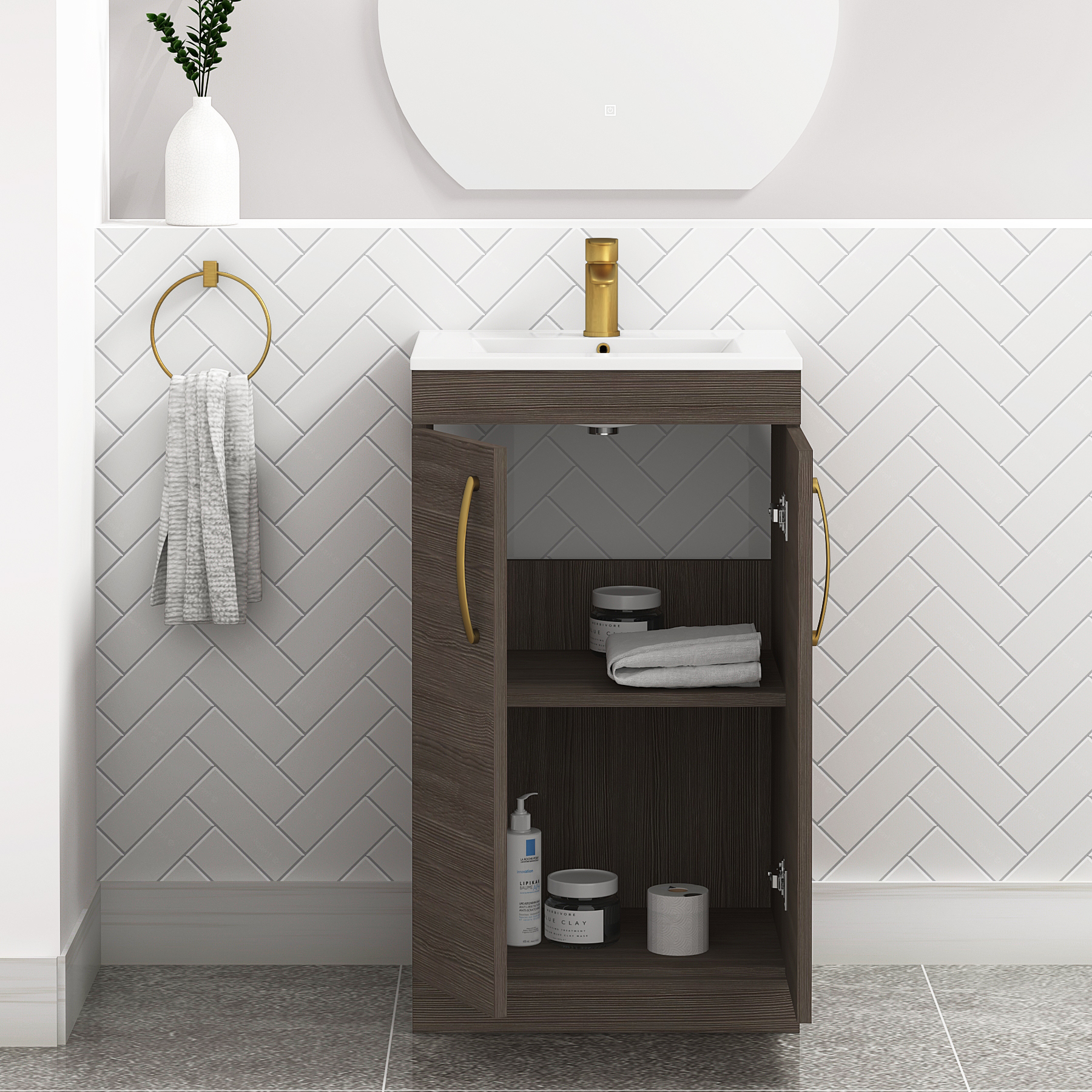 Turin 500mm Floor Standing Vanity Sink Unit Grey Elm 2 Door - Minimalist with Brushed Brass Handle