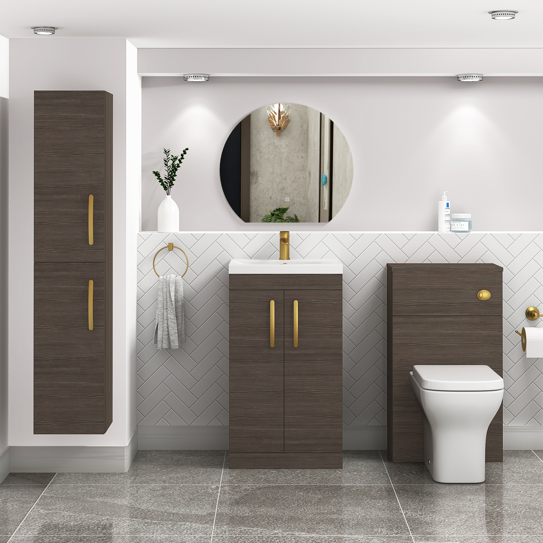 Turin 500mm Floor Standing Vanity Sink Unit Grey Elm 2 Door - Mid-Edge with Brushed Brass Handle