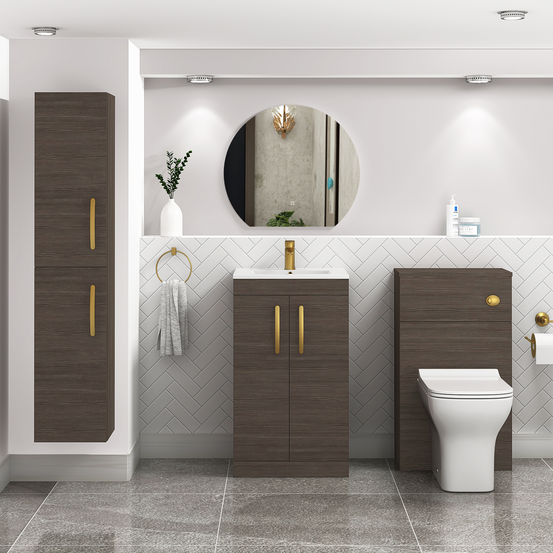 Turin 500mm Floor Standing Vanity Sink Unit Grey Elm 2 Door - Minimalist with Brushed Brass Handle