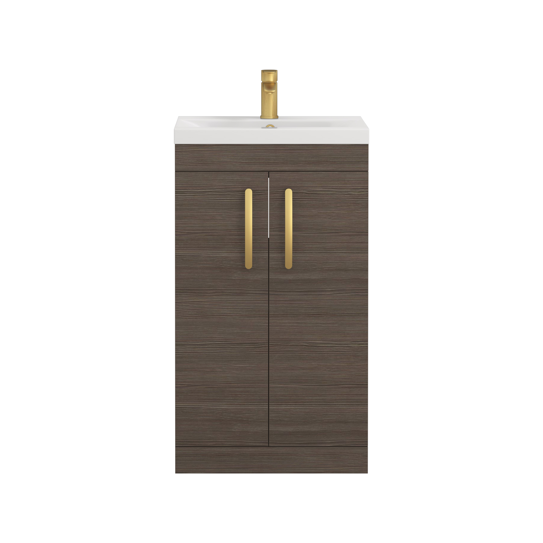 Turin 500mm Floor Standing Vanity Sink Unit Grey Elm 2 Door - Mid-Edge with Brushed Brass Handle