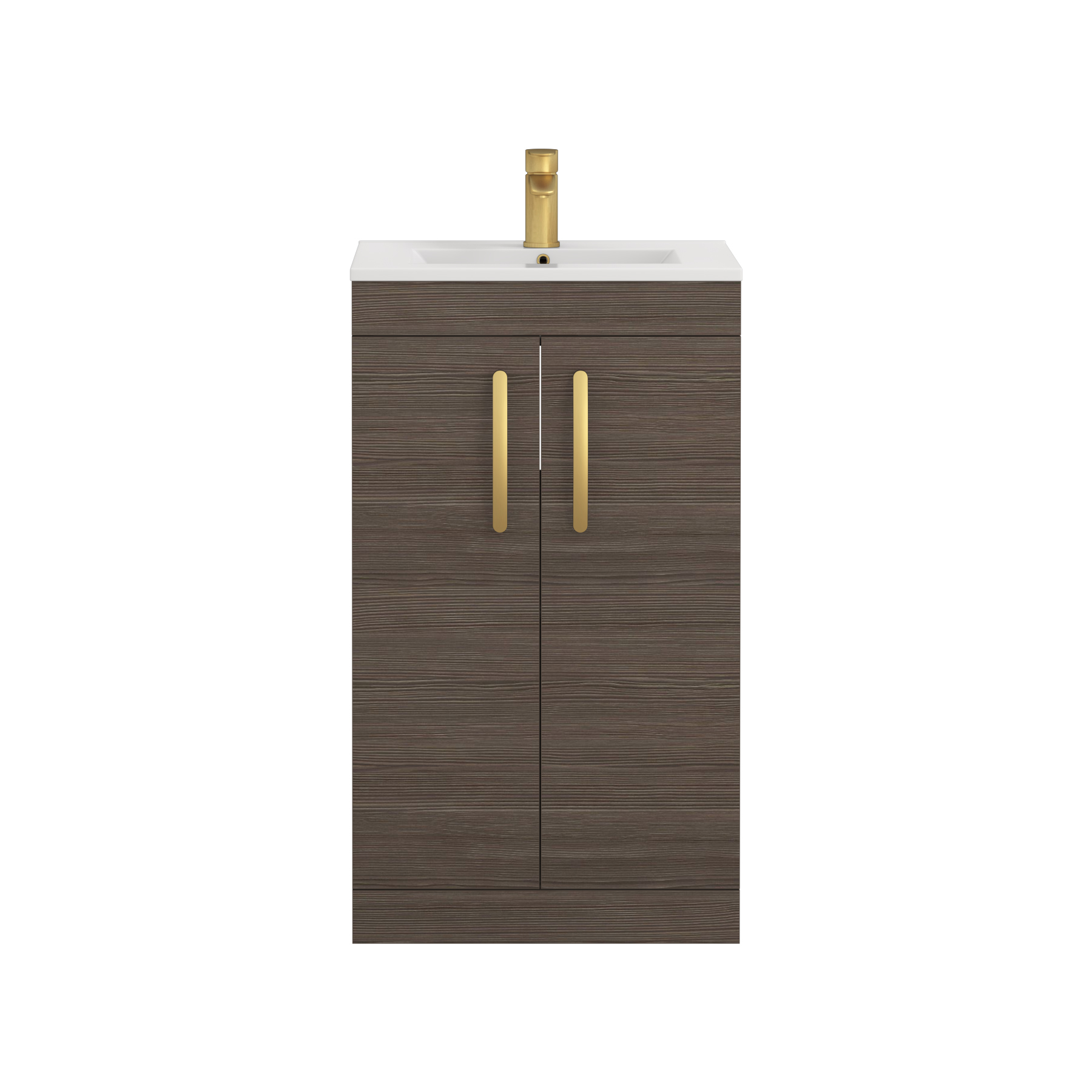 Turin 500mm Floor Standing Vanity Sink Unit Grey Elm 2 Door - Minimalist with Brushed Brass Handle