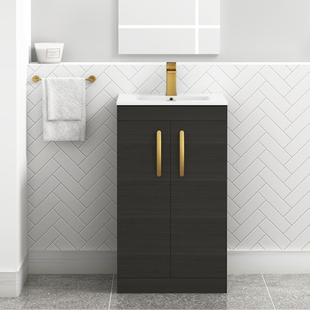 Turin 500mm Floor Standing Vanity Sink Unit Hale Black 2 Door - Minimalist with Brushed Brass Handle