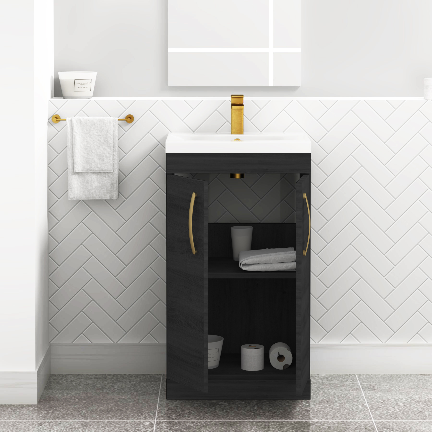 Turin 500mm Floor Standing Vanity Sink Unit Hale Black 2 Door - Mid-Edge with Brushed Brass Handle
