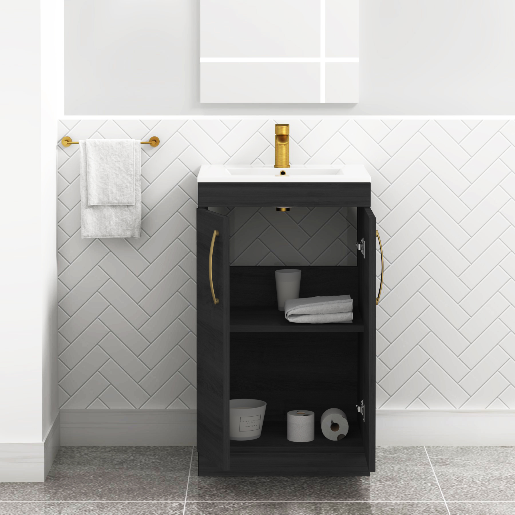 Turin 500mm Floor Standing Vanity Sink Unit Hale Black 2 Door - Minimalist with Brushed Brass Handle